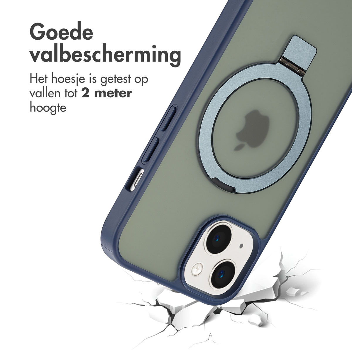 Een telefoonhoesje met een ringhouder, gebarsten grond en tekst over valbescherming.