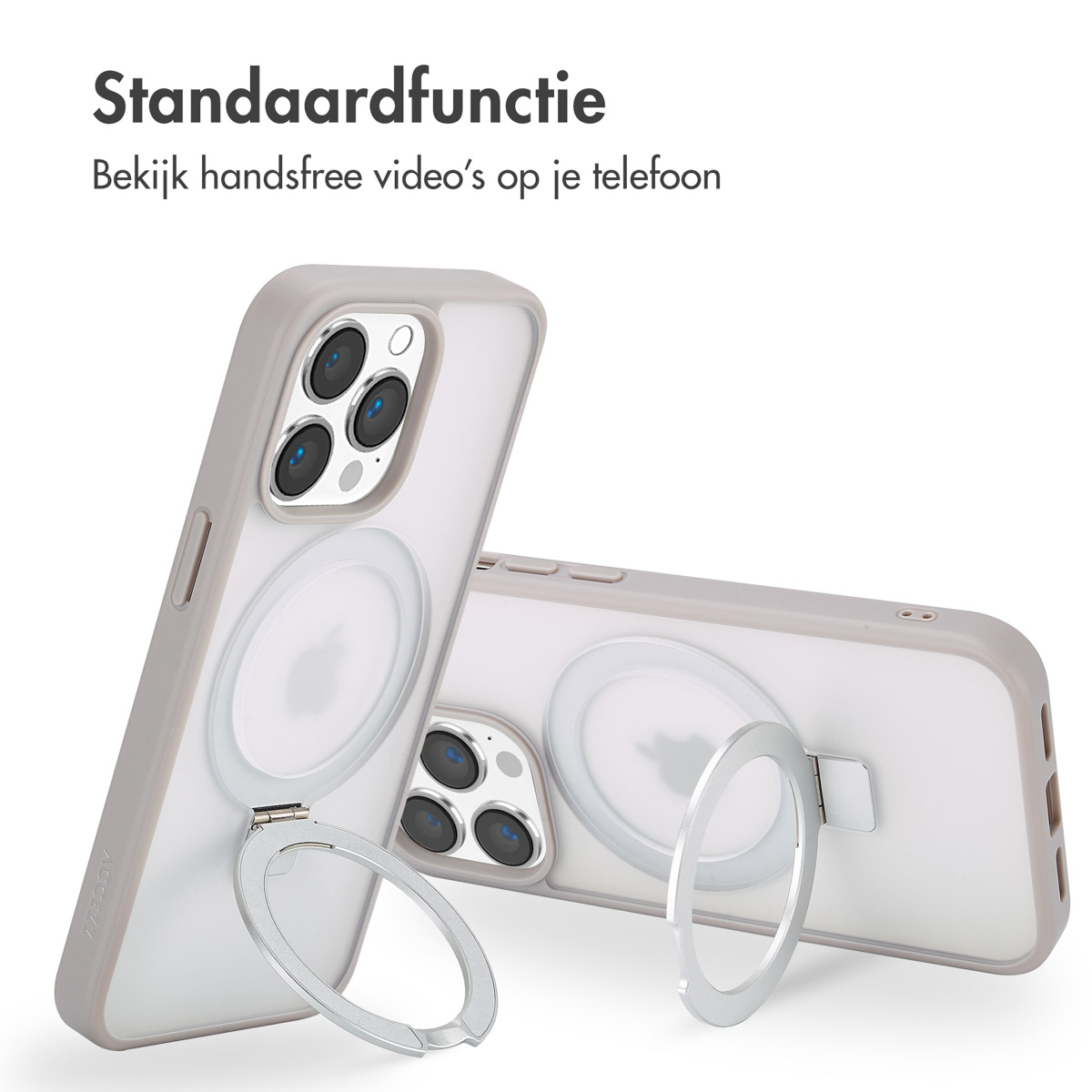 Deux étuis de téléphone en utilisation, un avec un support d'anneau argenté, montrant la fonction standard.