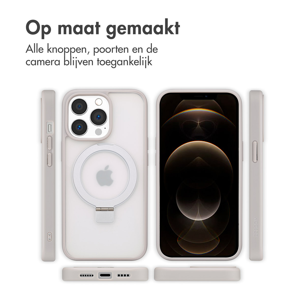 Coque de téléphone avec dos transparent montrant le logo Apple blanc et les détails du téléphone.