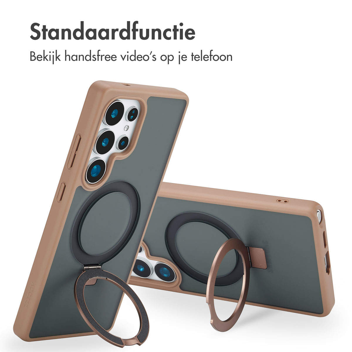 Deux téléphones avec des coques marron et grises, l'un avec un support de bague ouvert, montrant le support.