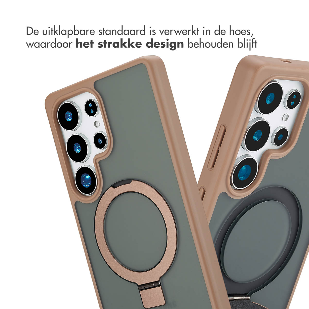 Téléphone avec étui, support de bague. Texte: Le support pliable est intégré dans l'étui, ce qui maintient le design élégant.