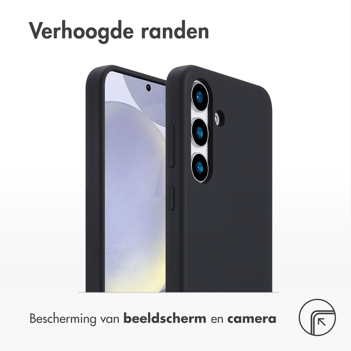 Een zwarte telefoon in een hoes wordt weergegeven, met het scherm van de telefoon zichtbaar.