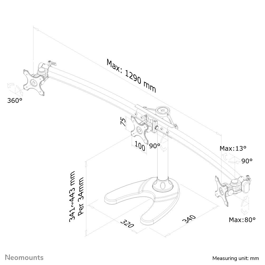 Technische tekening van een monitorstandaard met afmetingen.