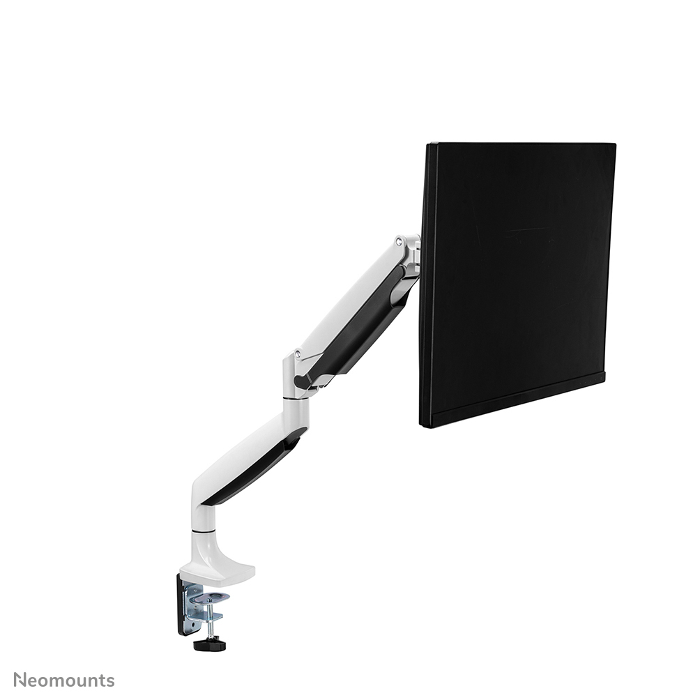 Monitor arm mount, white and black, with a monitor attached and a white background.