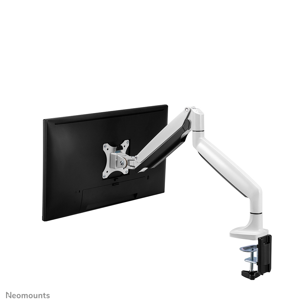White and black monitor arm. The monitor is on the left, the arm is white, and the base is black.