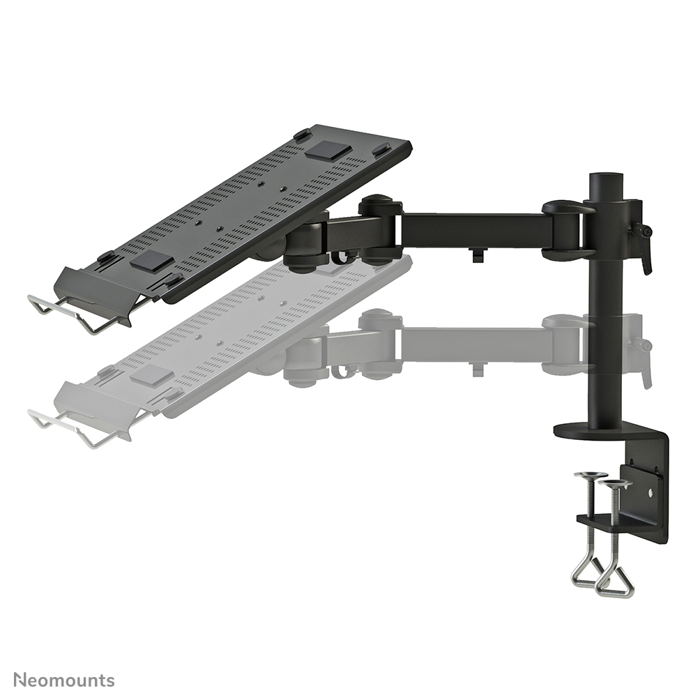 Schwarzer Monitorarm. Er hat einen verstellbaren Arm und eine Klemme zur Schreibtischmontage.