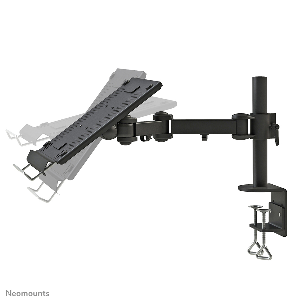 Ein schwarz-grauer Monitorarm, mit Klemme und Gelenken, auf weißem Hintergrund montiert.