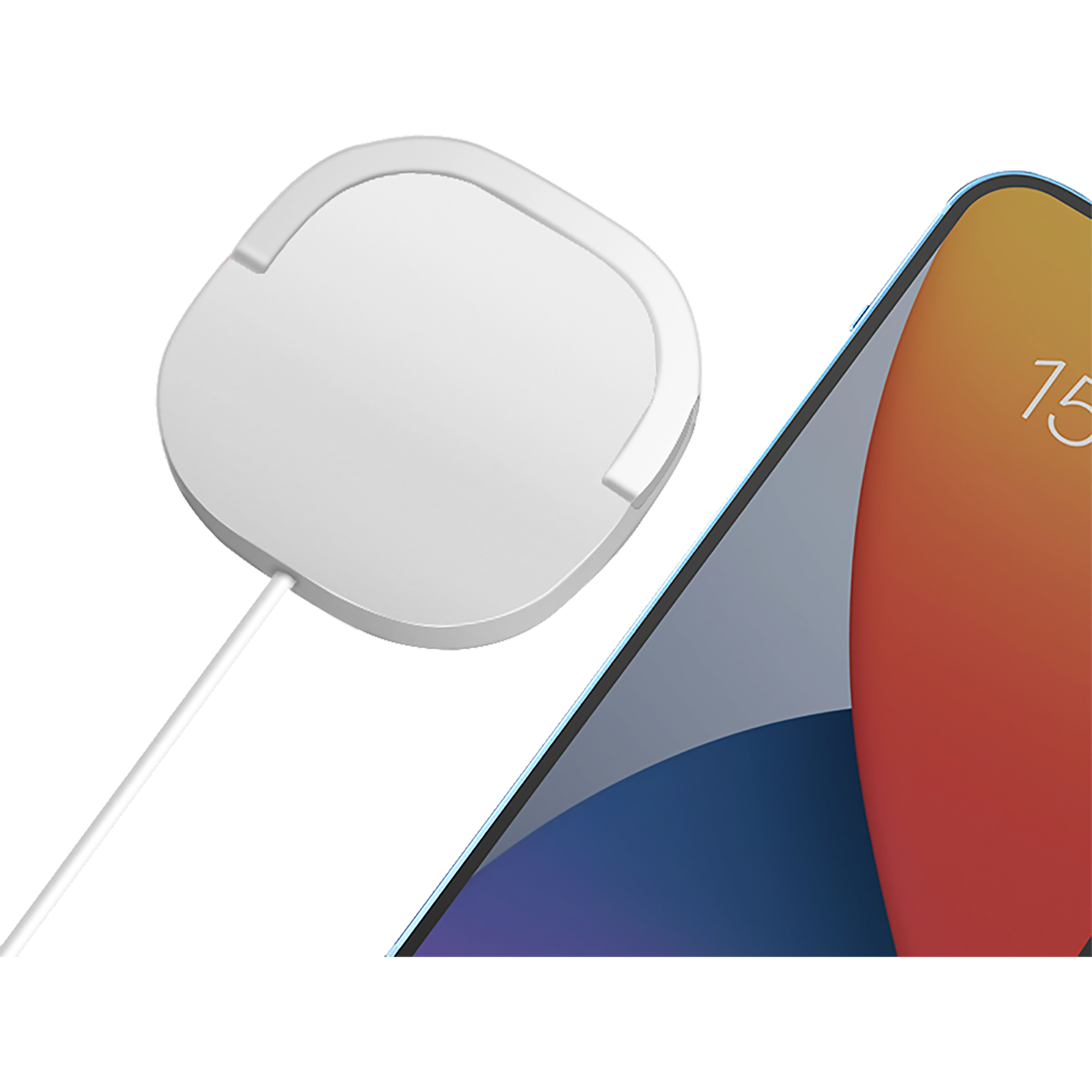 Ein weißes Ladepad mit weißem Kabel neben einem Telefon mit farbenfrohem Bildschirm.