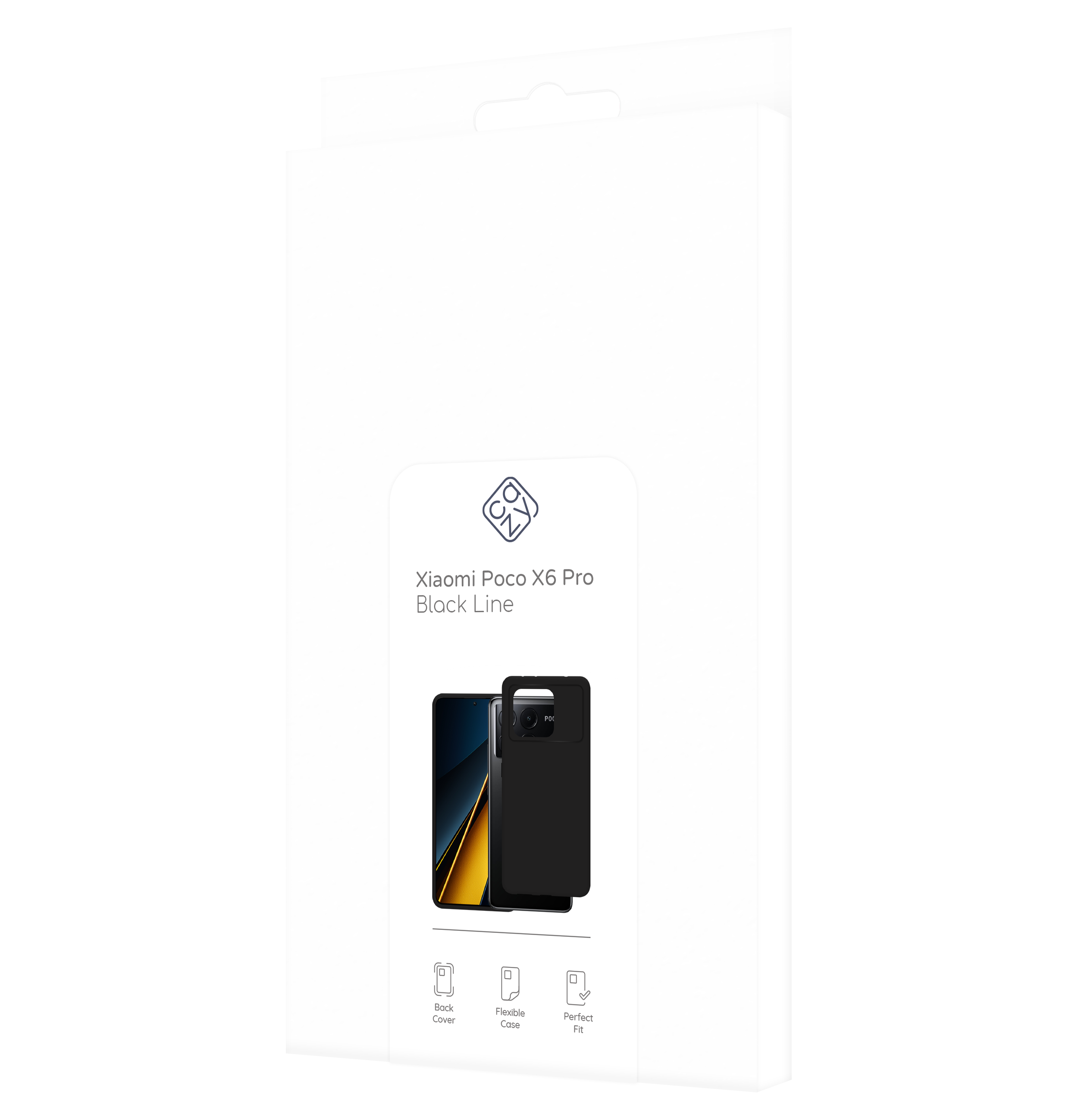 Weiße Box mit Handyhüllen-Bildern für Xiaomi Poco X6 Pro Black Line. Schwarze Handyhülle innen.