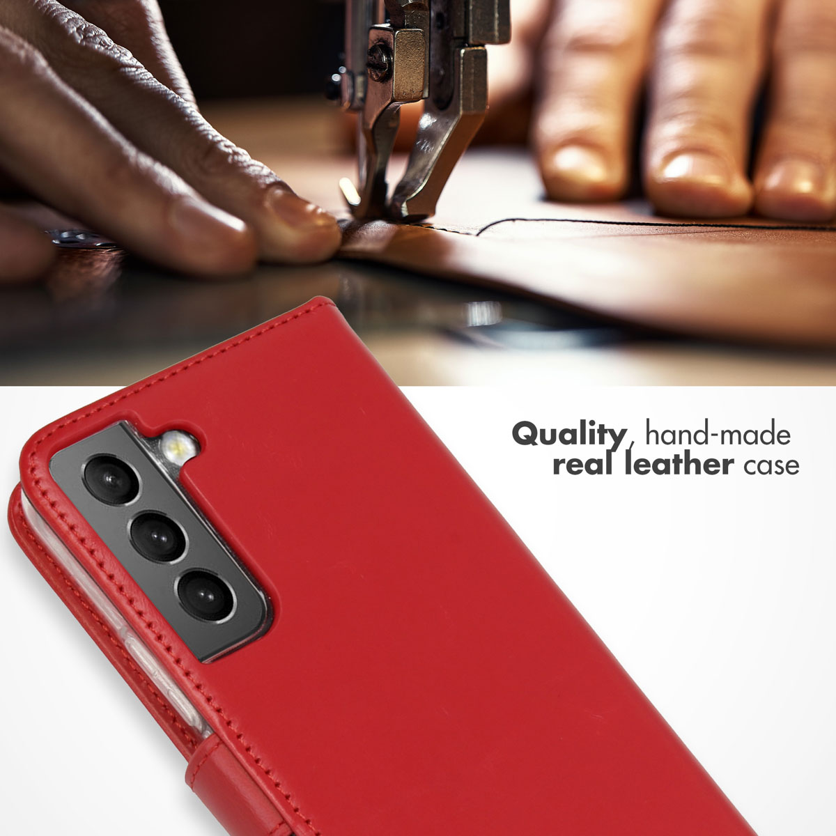 Mani che lavorano su pelle rossa, cucendo una custodia per telefono. La custodia è rossa e ha un'apertura per la fotocamera.