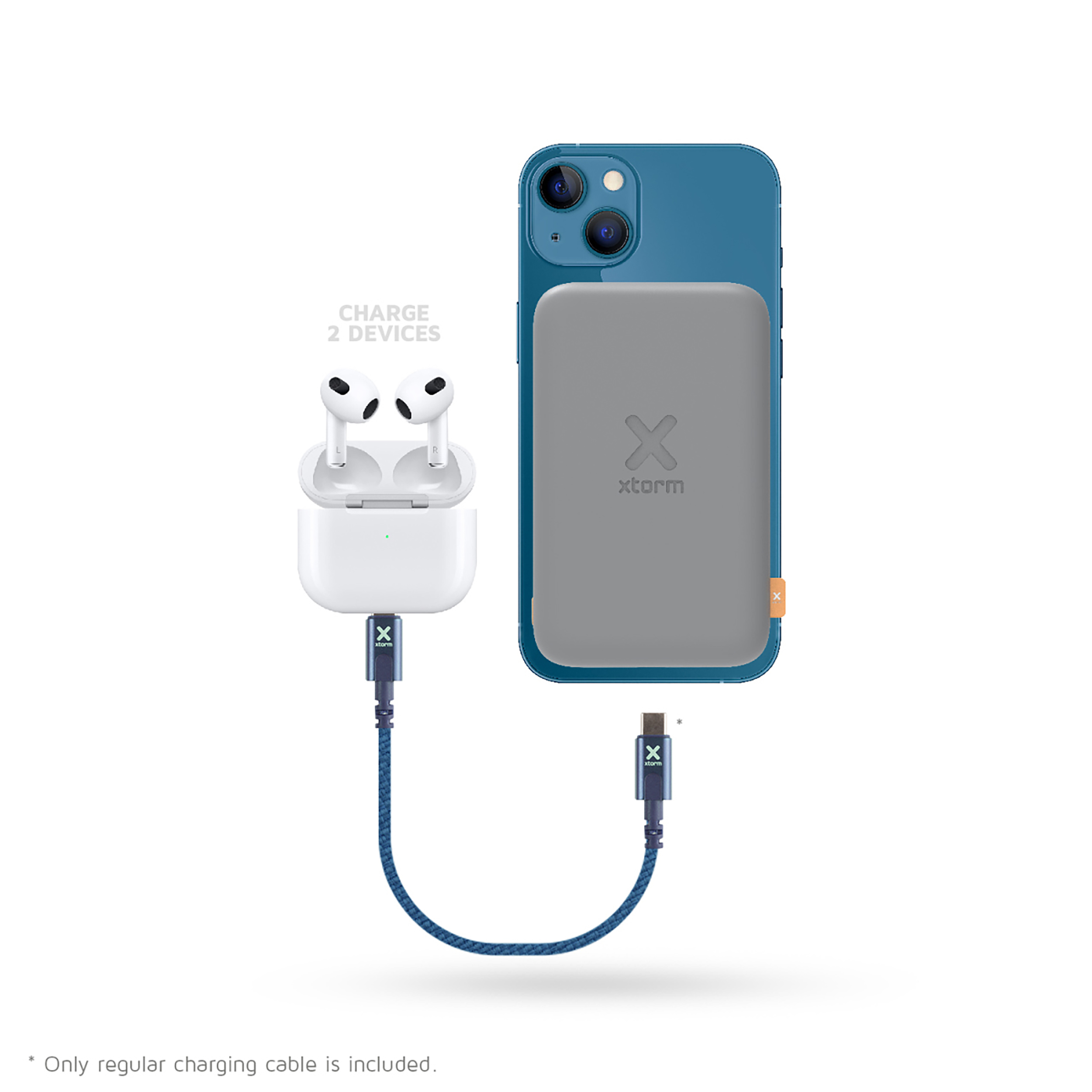 Weiße AirPods in ihrem Ladecase neben einem blauen Telefon. Das Telefon ist über ein blaues Kabel verbunden.
