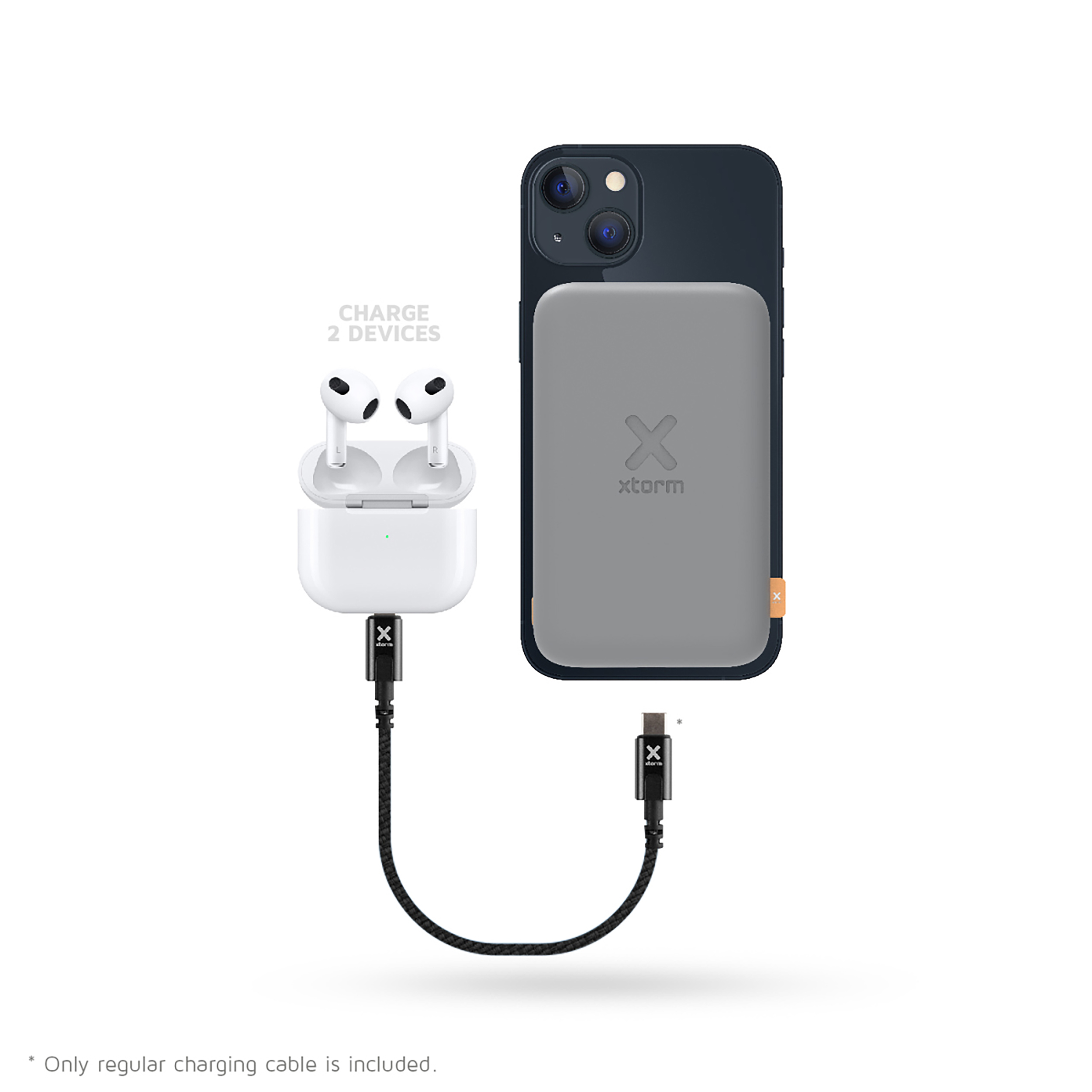 Ladegerät mit Ohrhörern und einem Telefon. Schwarzes Kabel verbindet die Geräte.