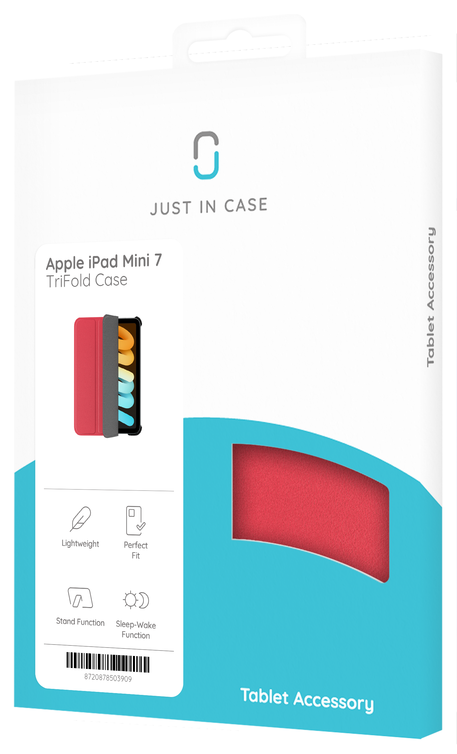 Eine weiße Box mit einer Just In Case Tablet-Hülle für Apple iPad Mini 7, mit roter Hülle.