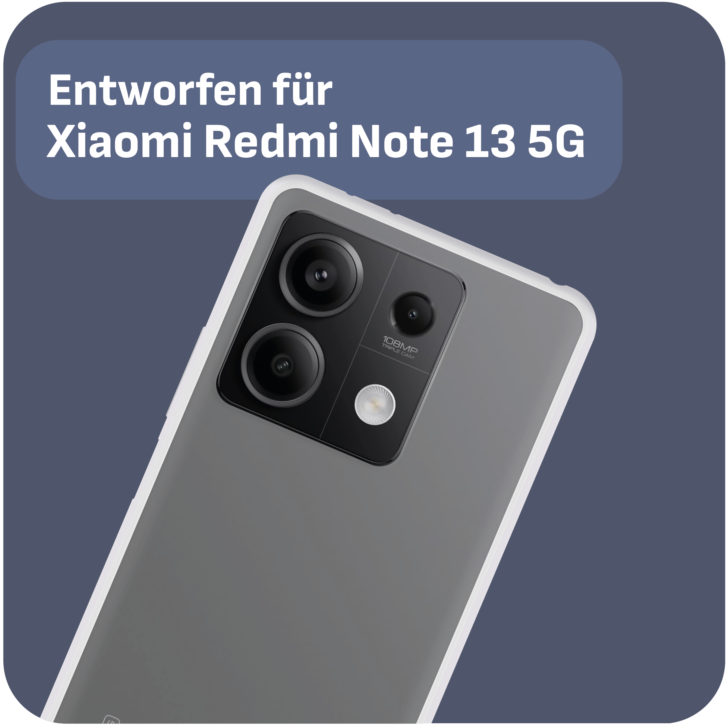 Eine Smartphone-Hülle mit grauem Rücken und schwarzem Kamerabereich, mit Text oben.