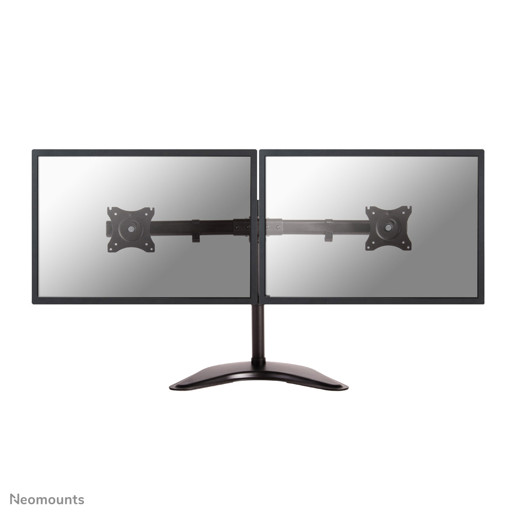 Two computer monitors on a stand against a white background.
