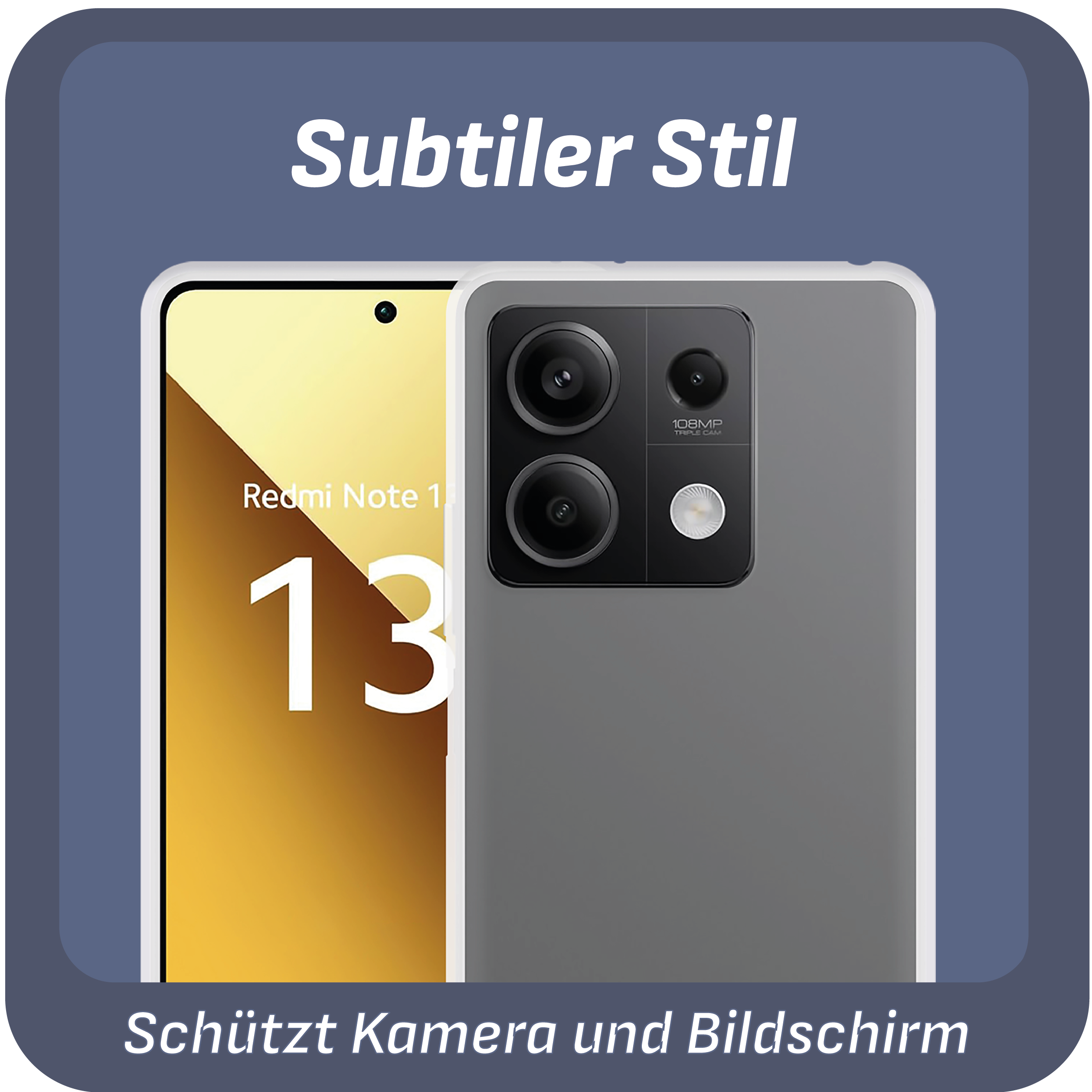 Ein Smartphone mit schwarzer Kamera und grauer Rückseite, mit Text auf der Vorderseite.