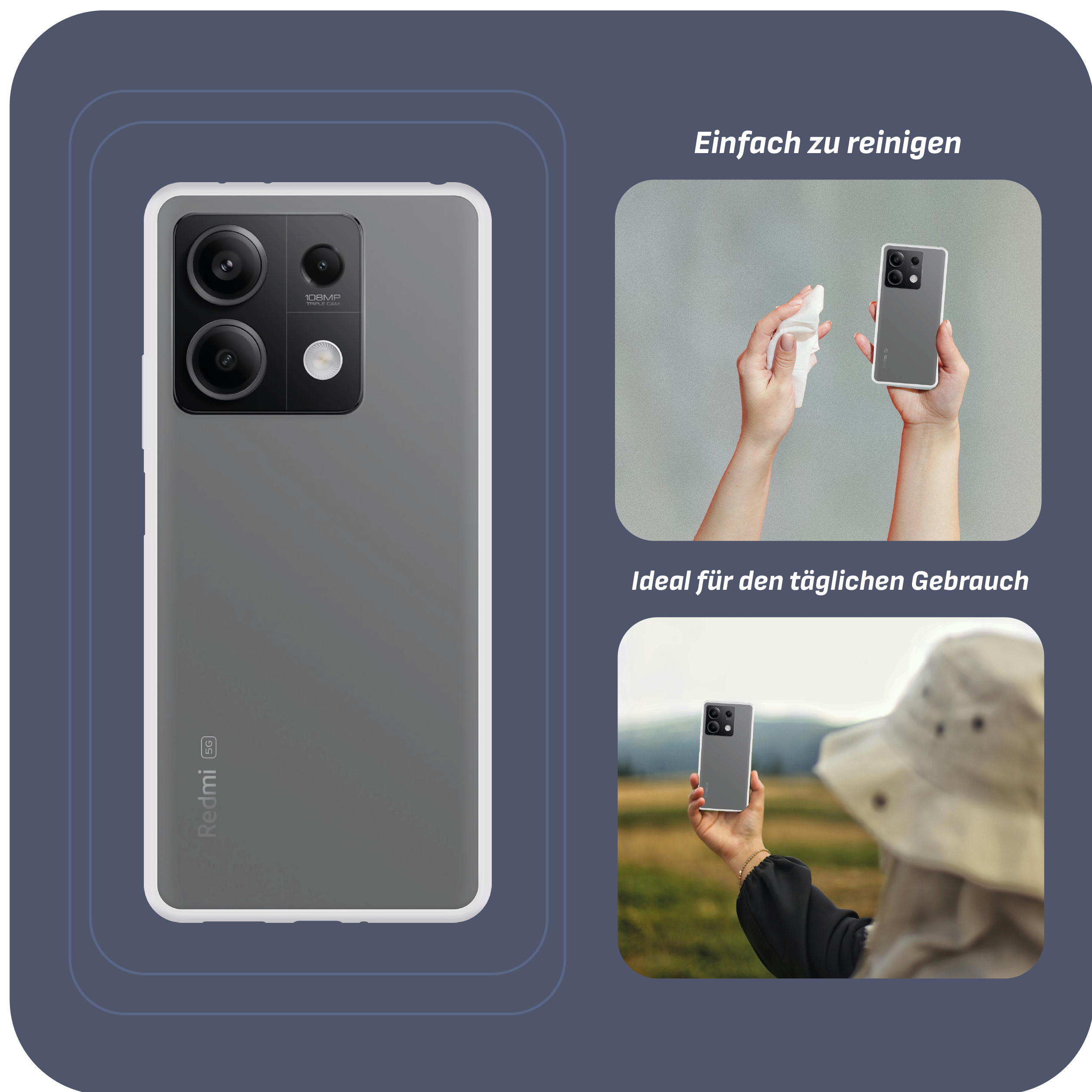 Graues Smartphone mit weißem Gehäuse wird in verschiedenen Szenarien gezeigt: Reinigung und Verwendung.