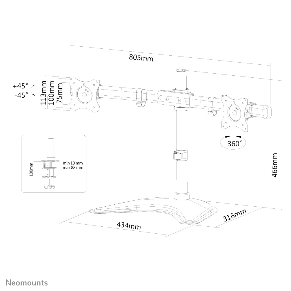 Monitor stand with dimensions labeled. The stand has two arms and a base. Text says 'Neomounts'.