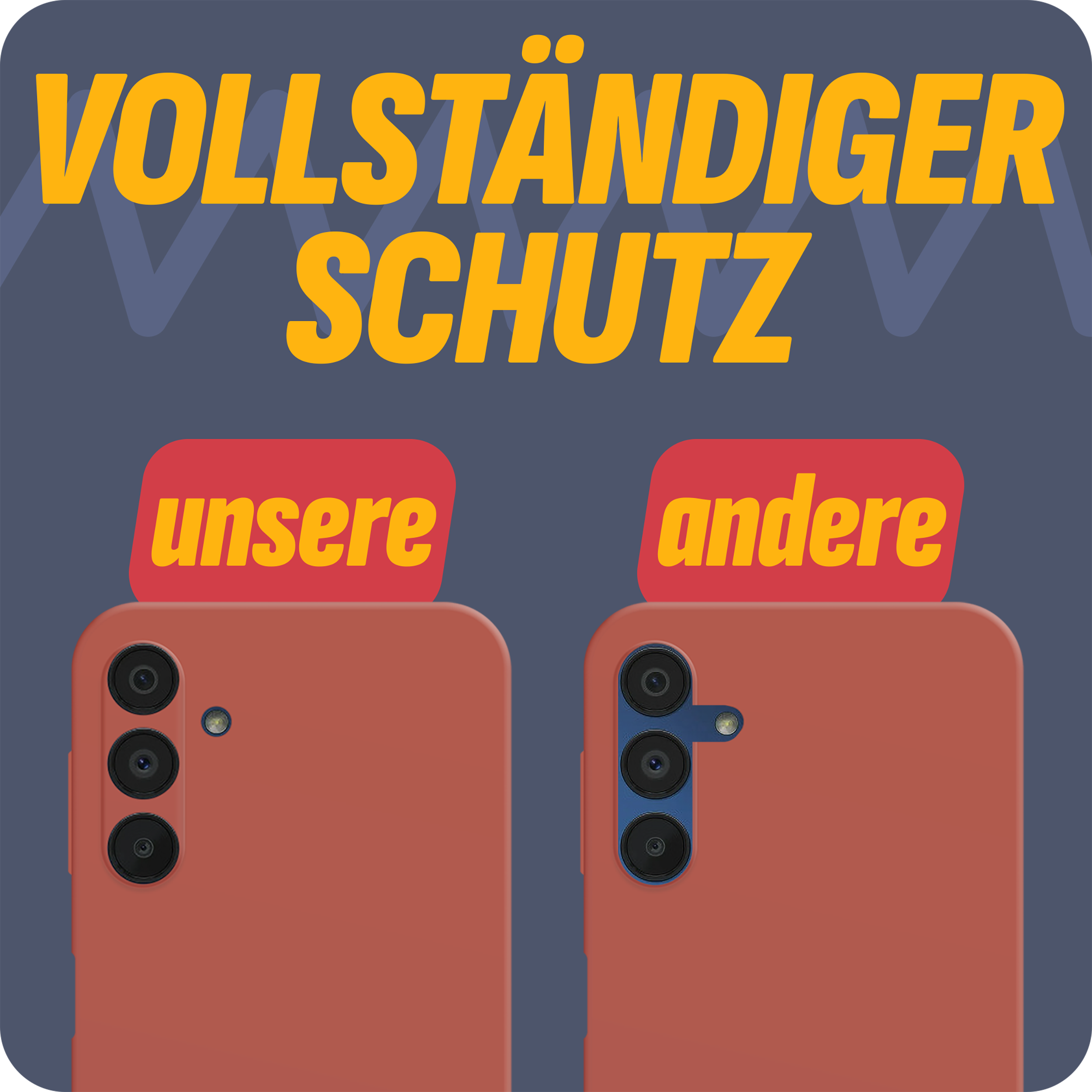 Zwei Handyhüllen, eine orangefarbene mit Kamera. Text: VOLLSTÄNDIGER SCHUTZ, unsere and andere.