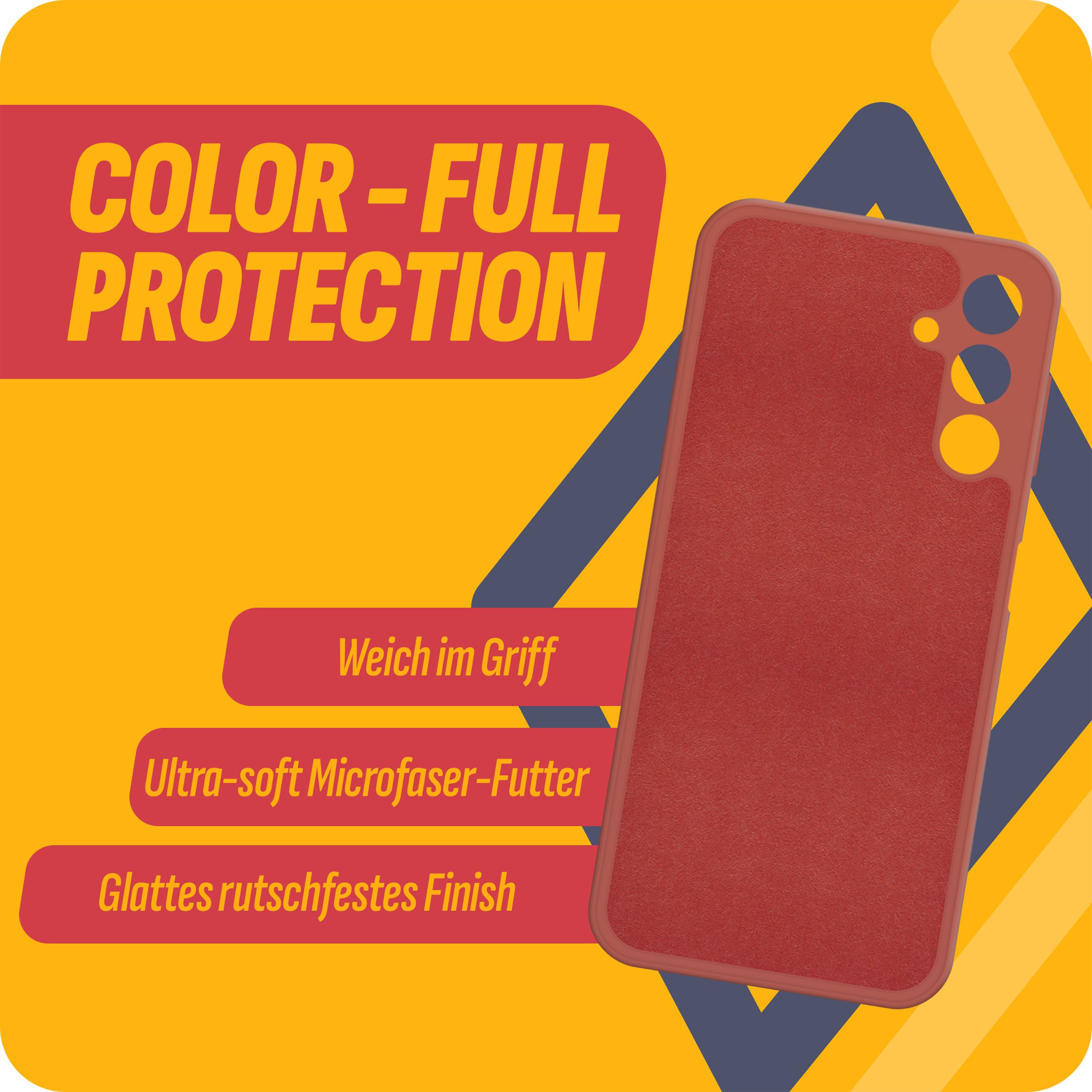 Rote Handyhülle mit Text 'COLOR - FULL PROTECTION' und Eigenschaften.