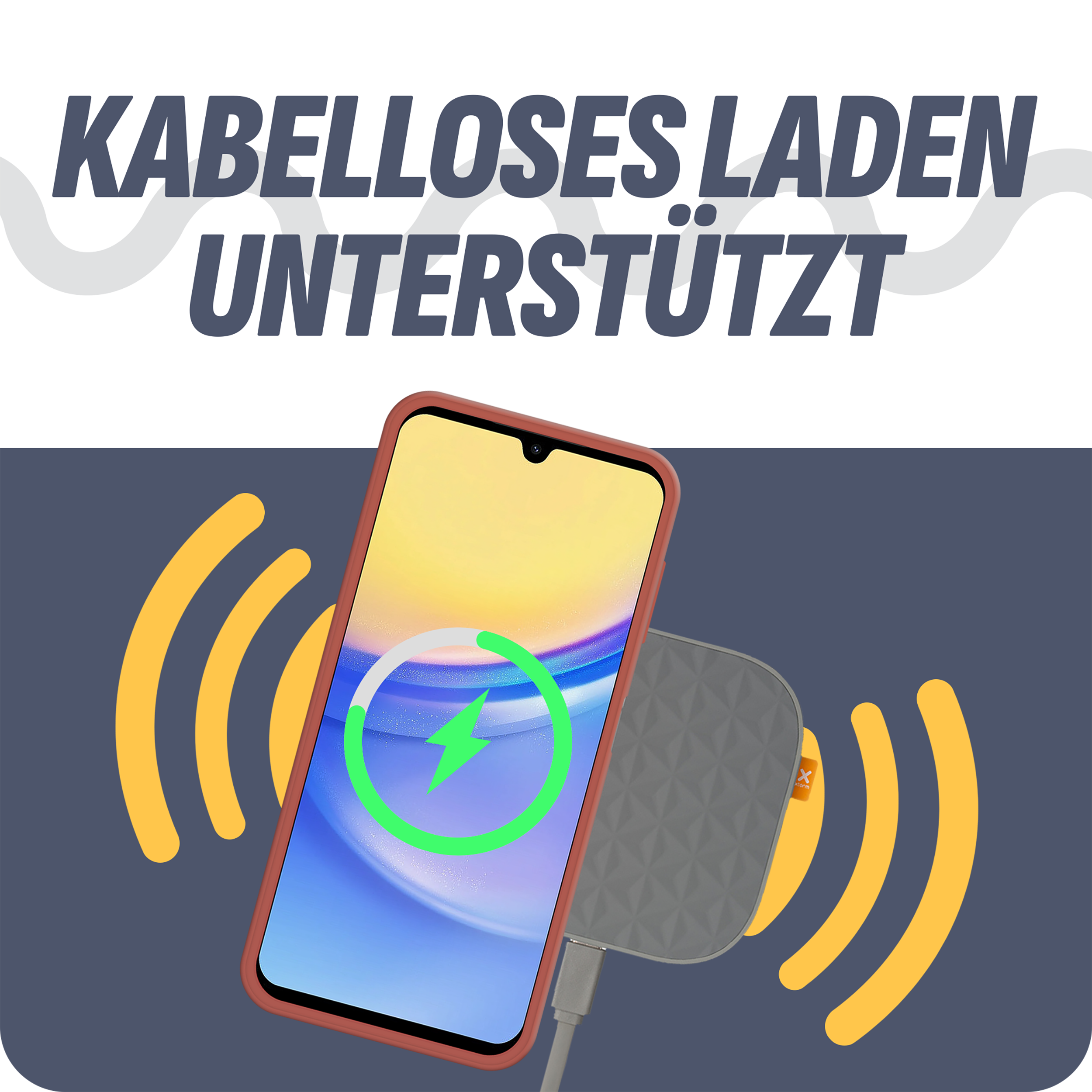 Telefon kabellos laden. Text: Kabelloses Laden unterstützt. Telefon hat rotes Gehäuse, Ladesymbol auf dem Bildschirm.