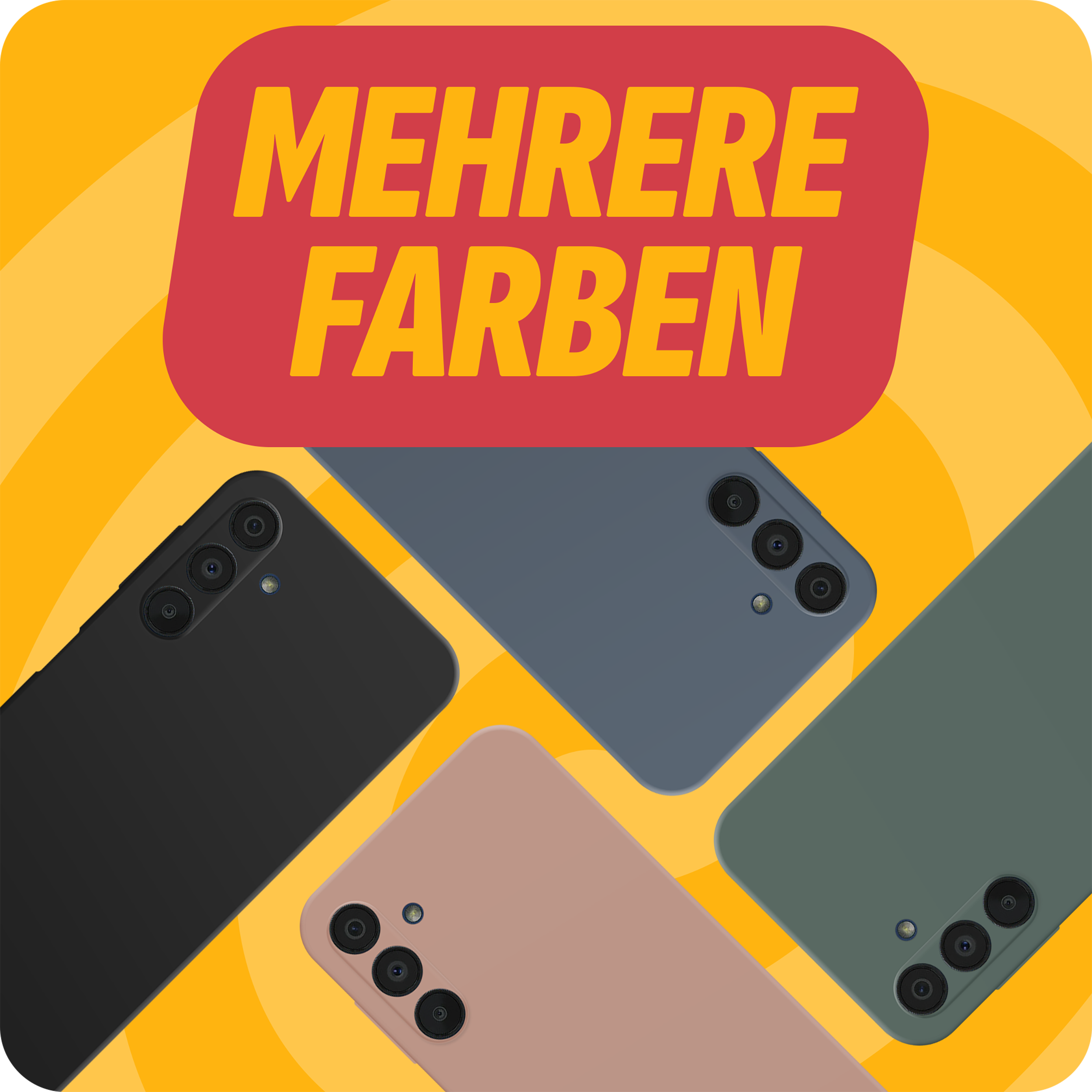 Grafik zeigt vier Smartphones in verschiedenen Farben: schwarz, blau, rosa und grün, auf orangefarbenem Grund.