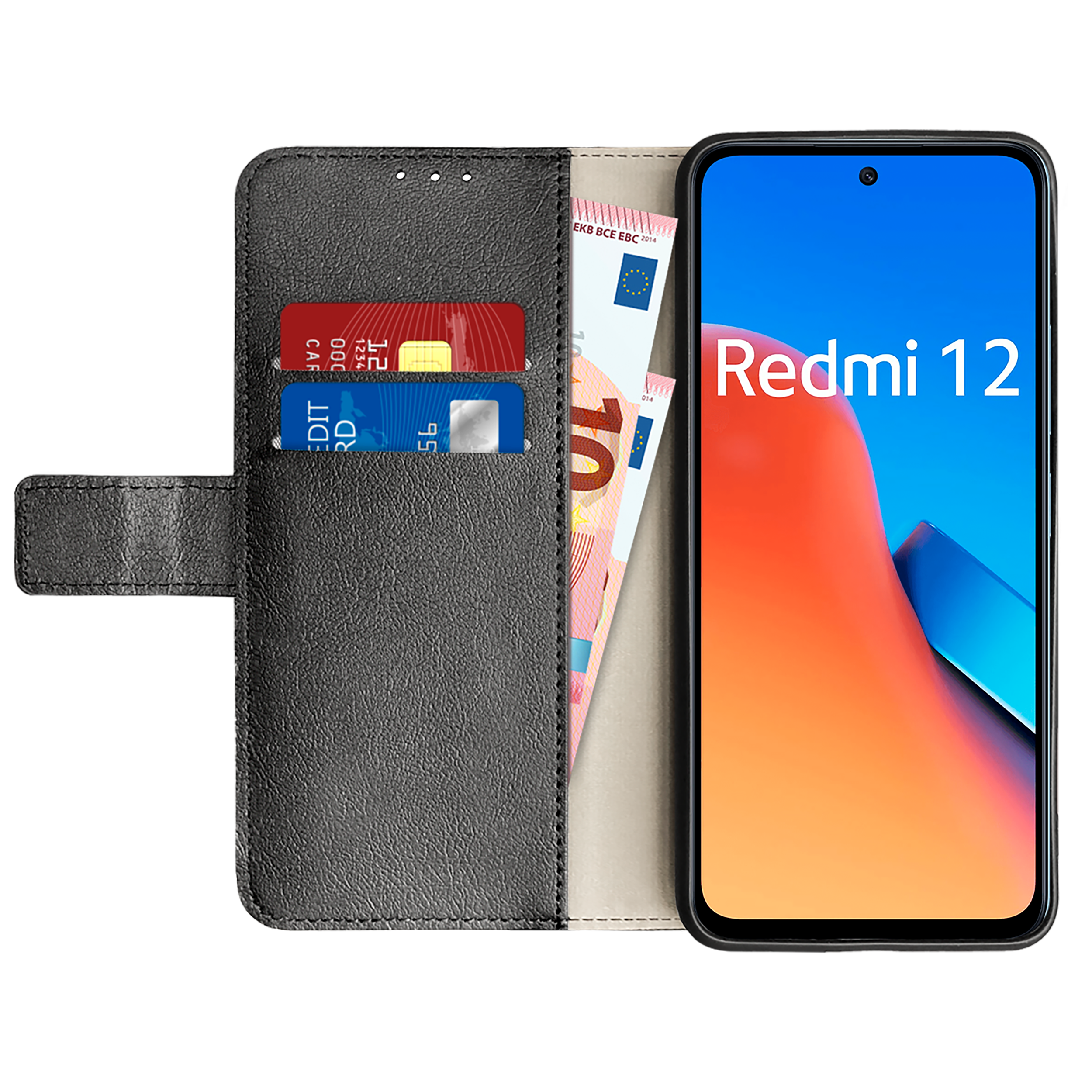 Telefon in schwarzer Brieftasche, Kreditkarten und Bargeld sichtbar.