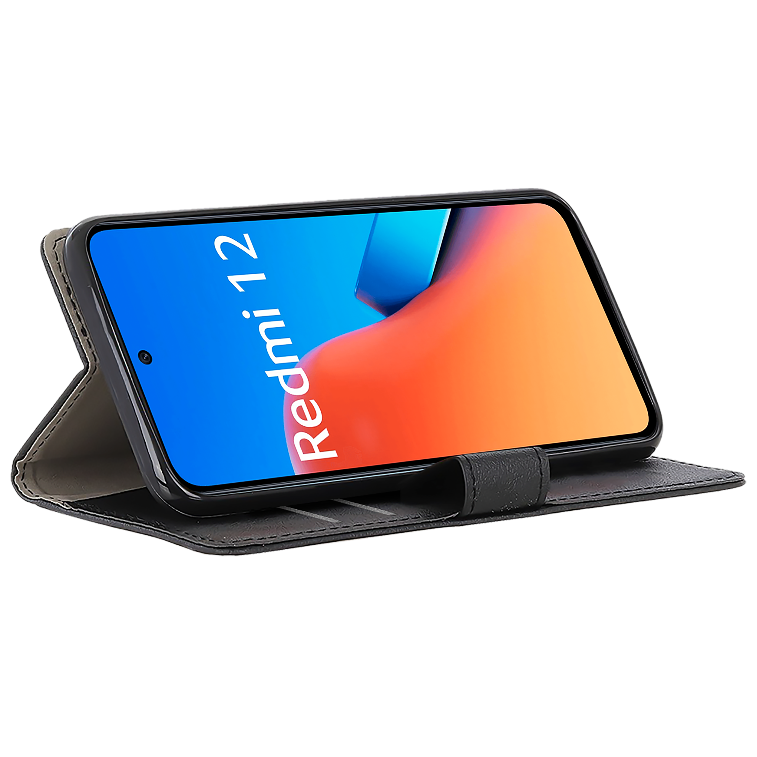 Geöffnete schwarze Handyhülle mit einem Telefon, das die Redmi 12-Anzeige zeigt.