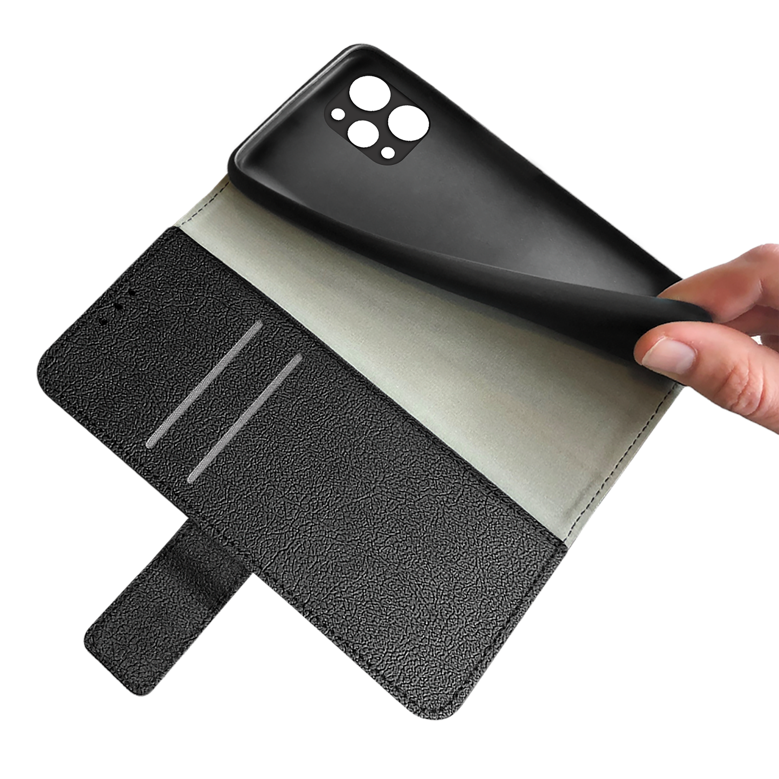 Eine schwarze Handyhülle wird geöffnet, um das Innere mit einer Hand zu zeigen.