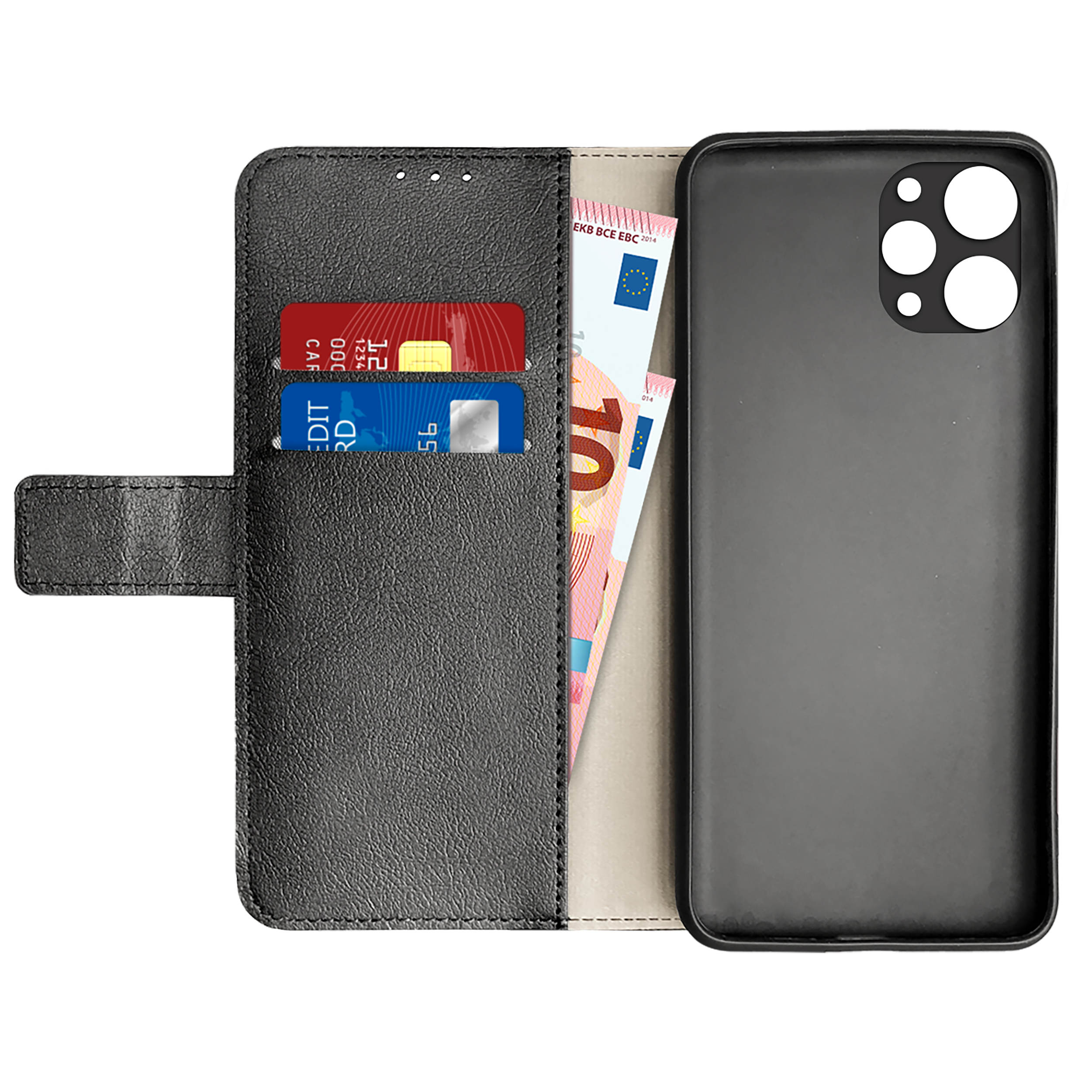 Eine Handyhülle mit Kreditkarten und Bargeld im Inneren.