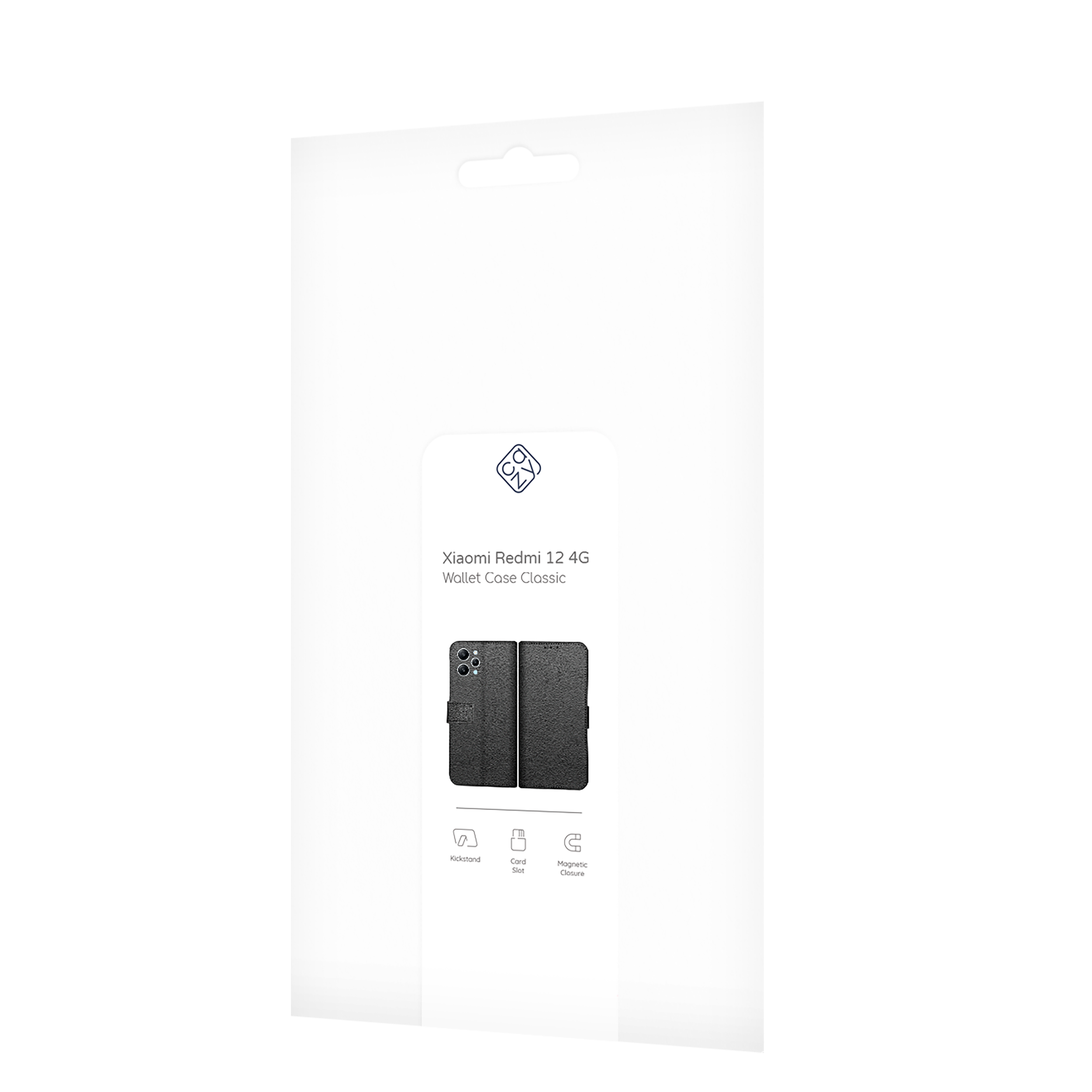 Weiße Verpackung mit Handyhüllenbild. Text: Xiaomi Redmi 12 4G Wallet Case Classic.