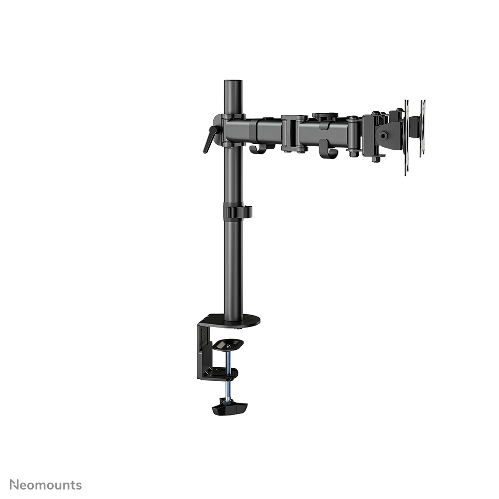 Black and silver monitor arm, clamp-on style. Adjustable, for desk setup, white background.