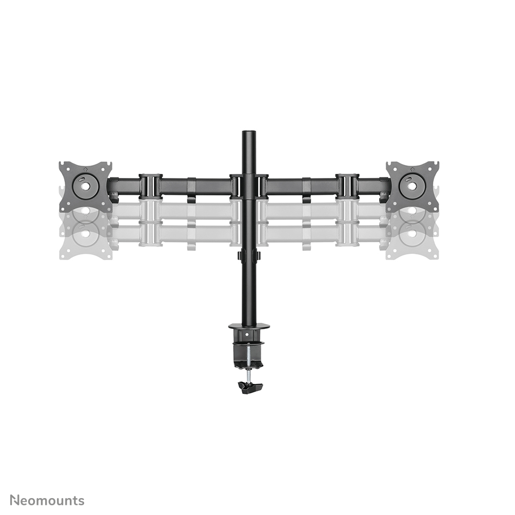 A dual monitor mount with two monitors attached, on a white background.