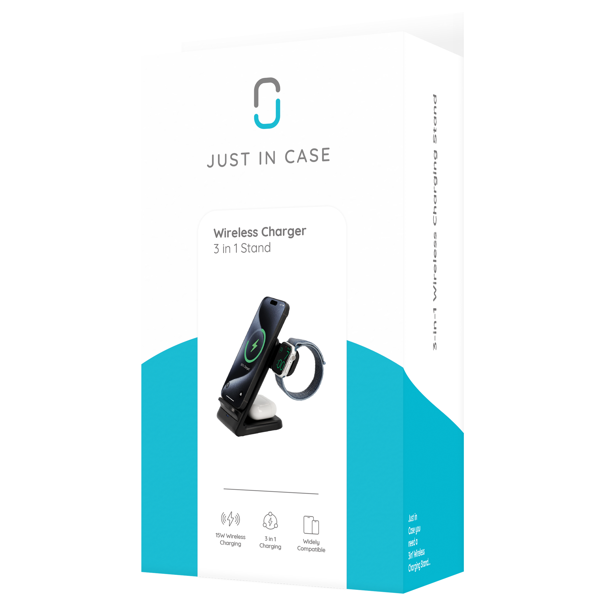 Eine weiße Box mit einem Telefon- und Uhren-Ladeständer. Die Box hat den Text: Just In Case und Wireless Charger.