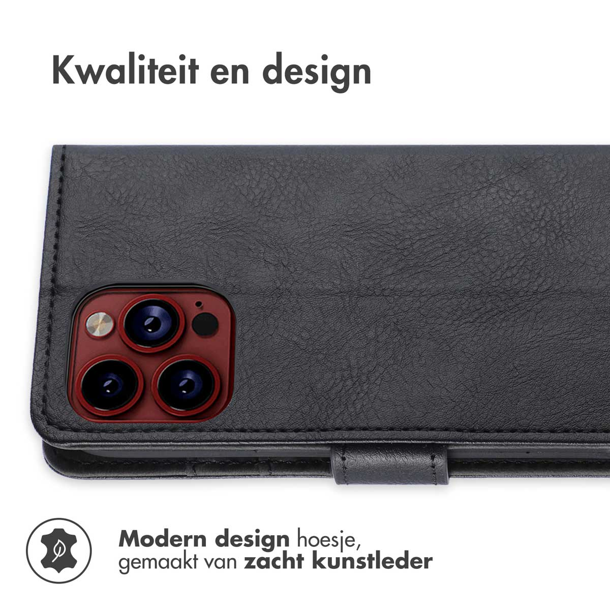Schwarze Leder-Handyhülle, geöffnet. Telefon sichtbar. Text: Modernes Design, aus weichem Kunstleder.