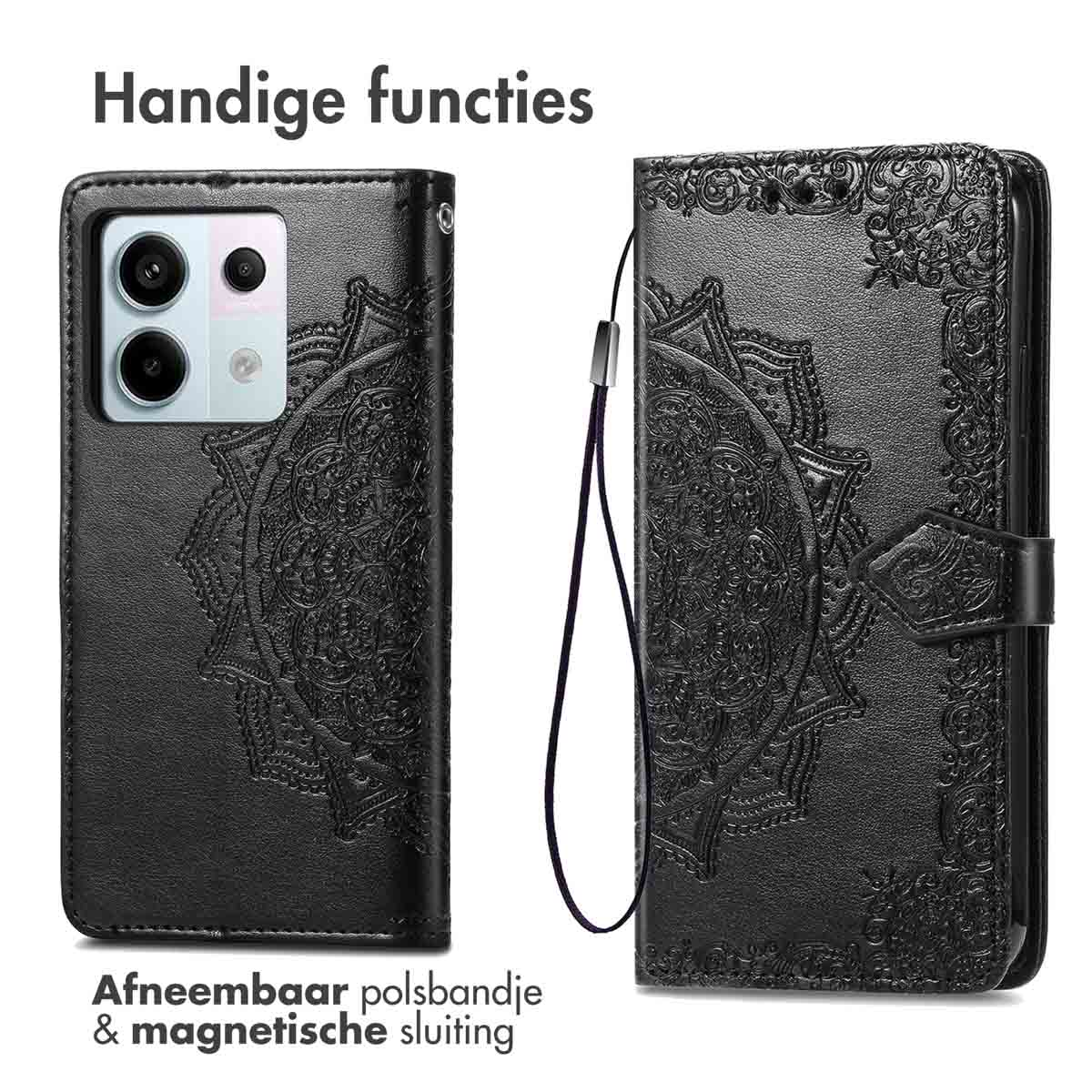 Zwarte telefoonhoes met mandala ontwerp, afneembare polsband en magnetische sluiting.