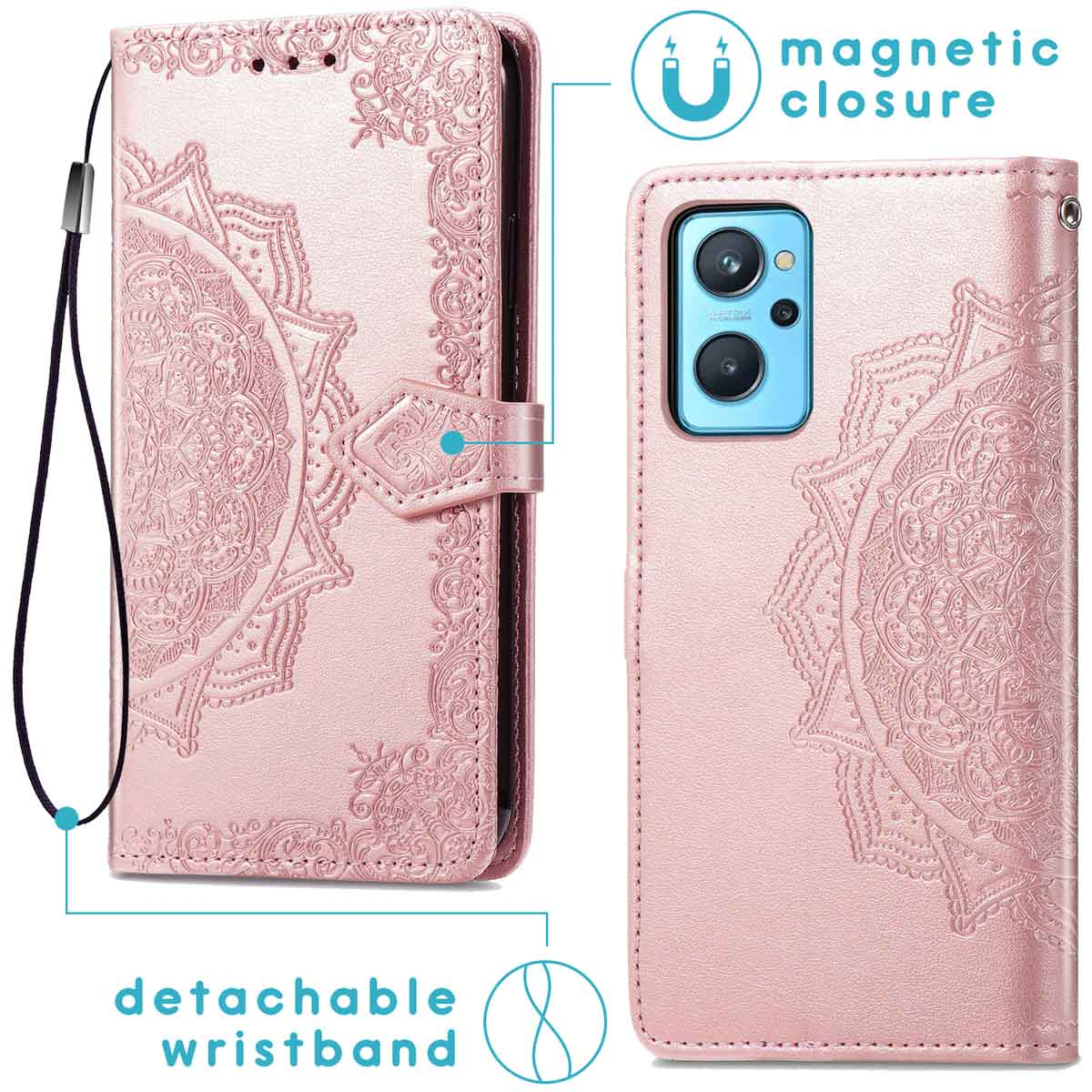 Een roze telefoonhoes met mandala-ontwerp, magnetische sluiting en afneembare polsband.