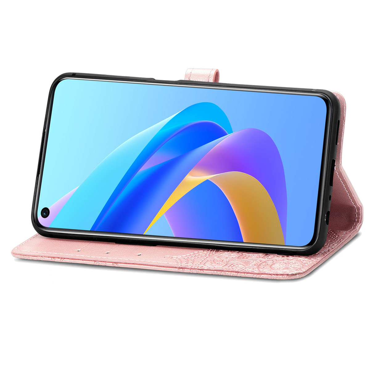 Roze telefoonhoes open, met een telefoon erin. Het telefoonscherm staat aan.