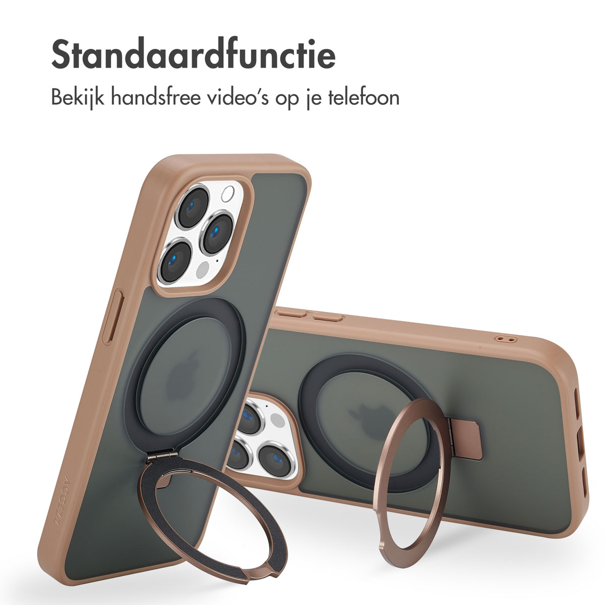 Deux téléphones avec des étuis, un avec un support en anneau. Les étuis sont marron et verts.