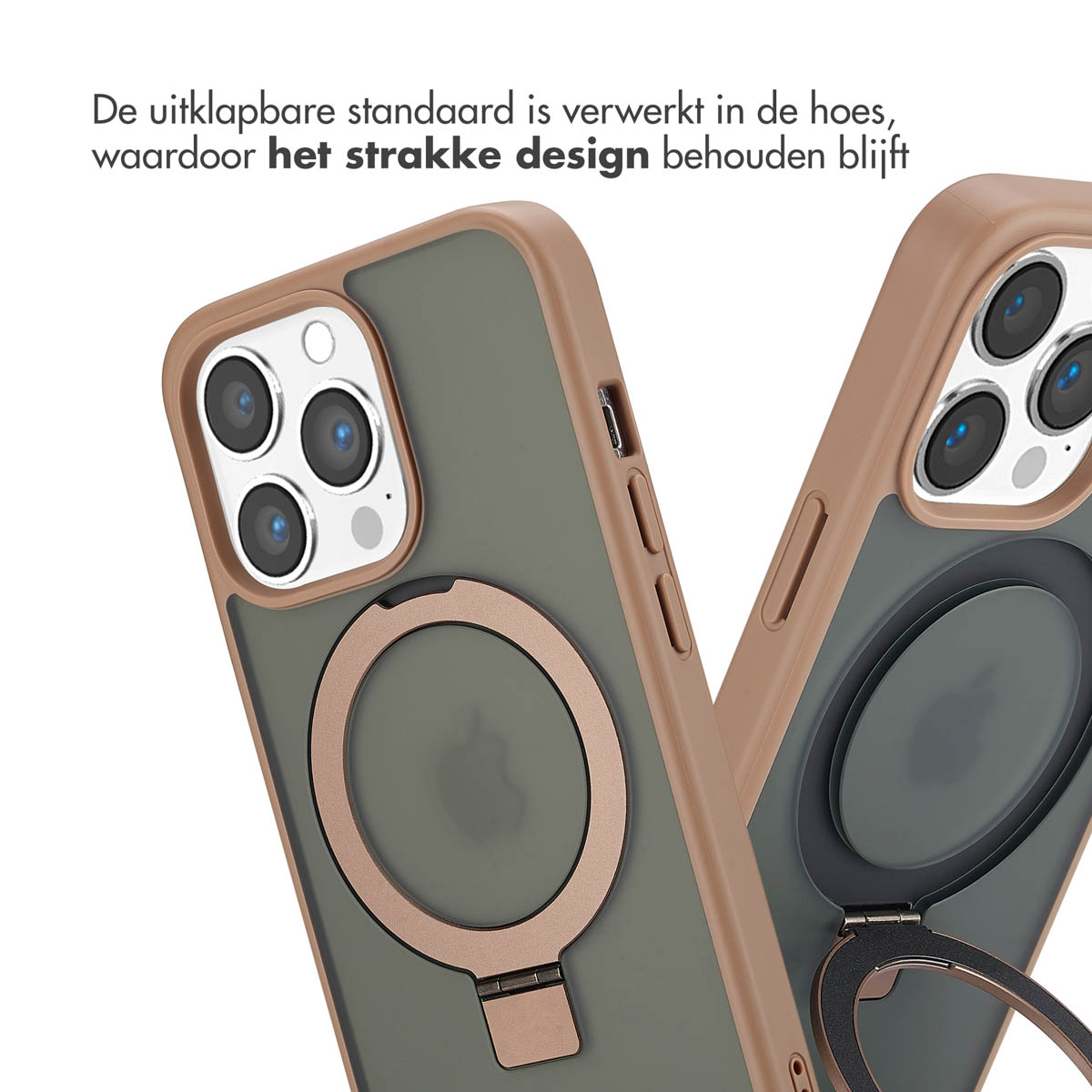 Deux étuis de téléphone avec supports d'anneau, couleurs marron et vert. Il y a du texte dans l'image.