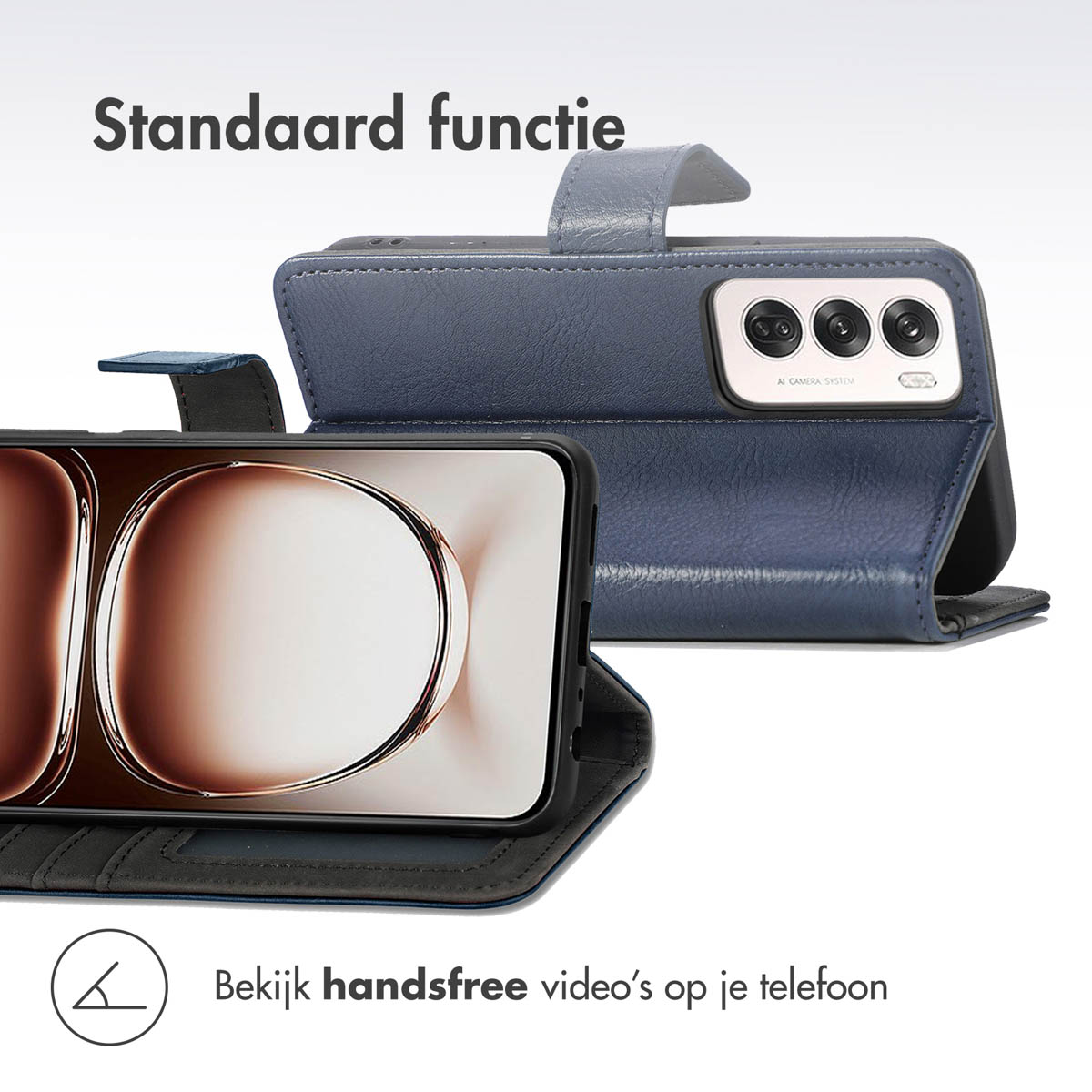 Telefoon in blauwe hoes, open. Tekst: "Standaard functie." Telefoon toont video.