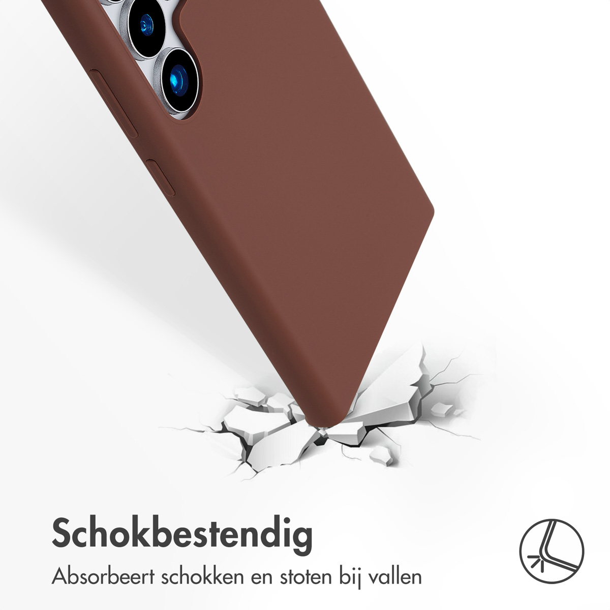Eine braune Handyhülle bricht eine weiße Oberfläche, zeigt Aufprall.