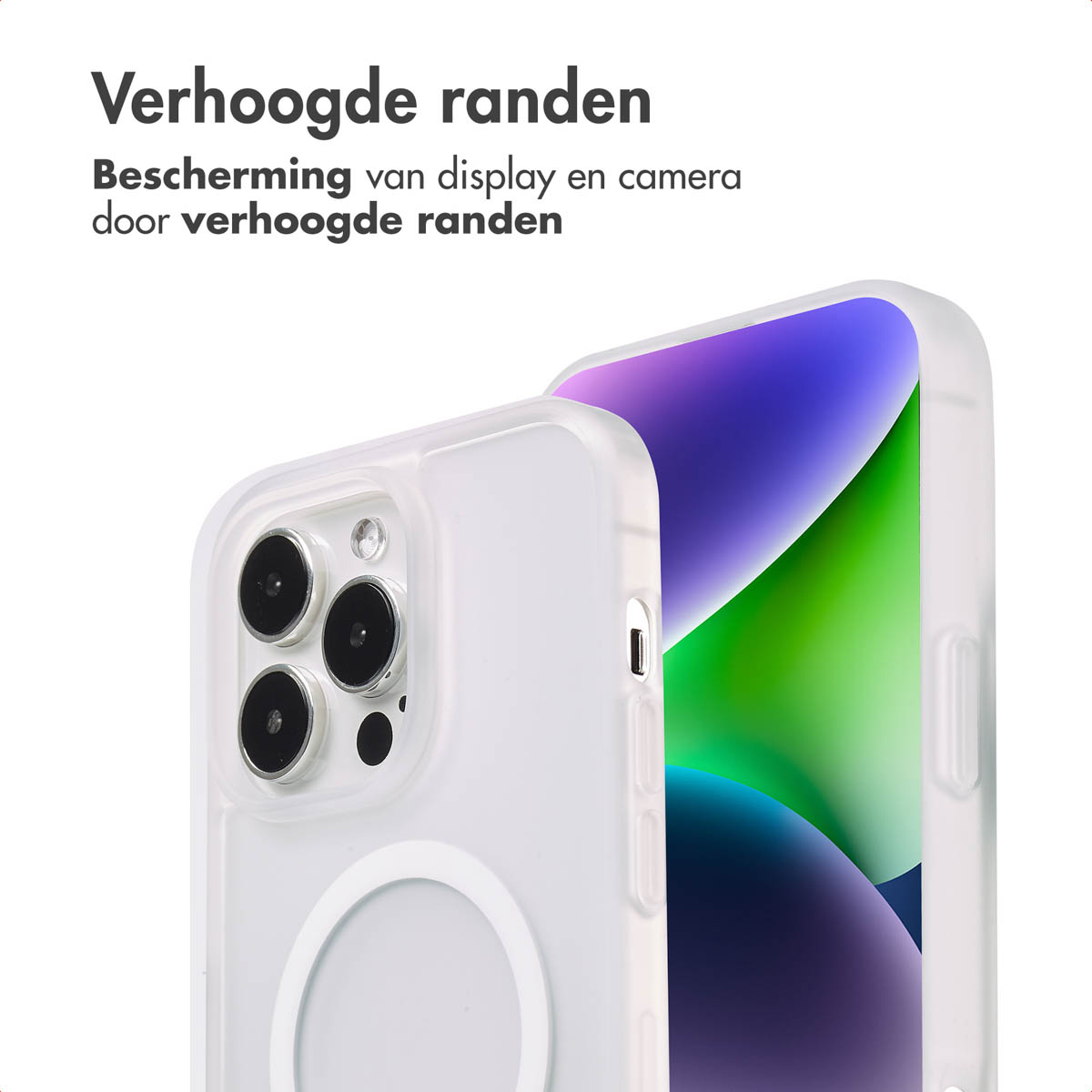 Une coque transparente avec bords surélevés, protégeant l'appareil photo et l'écran.