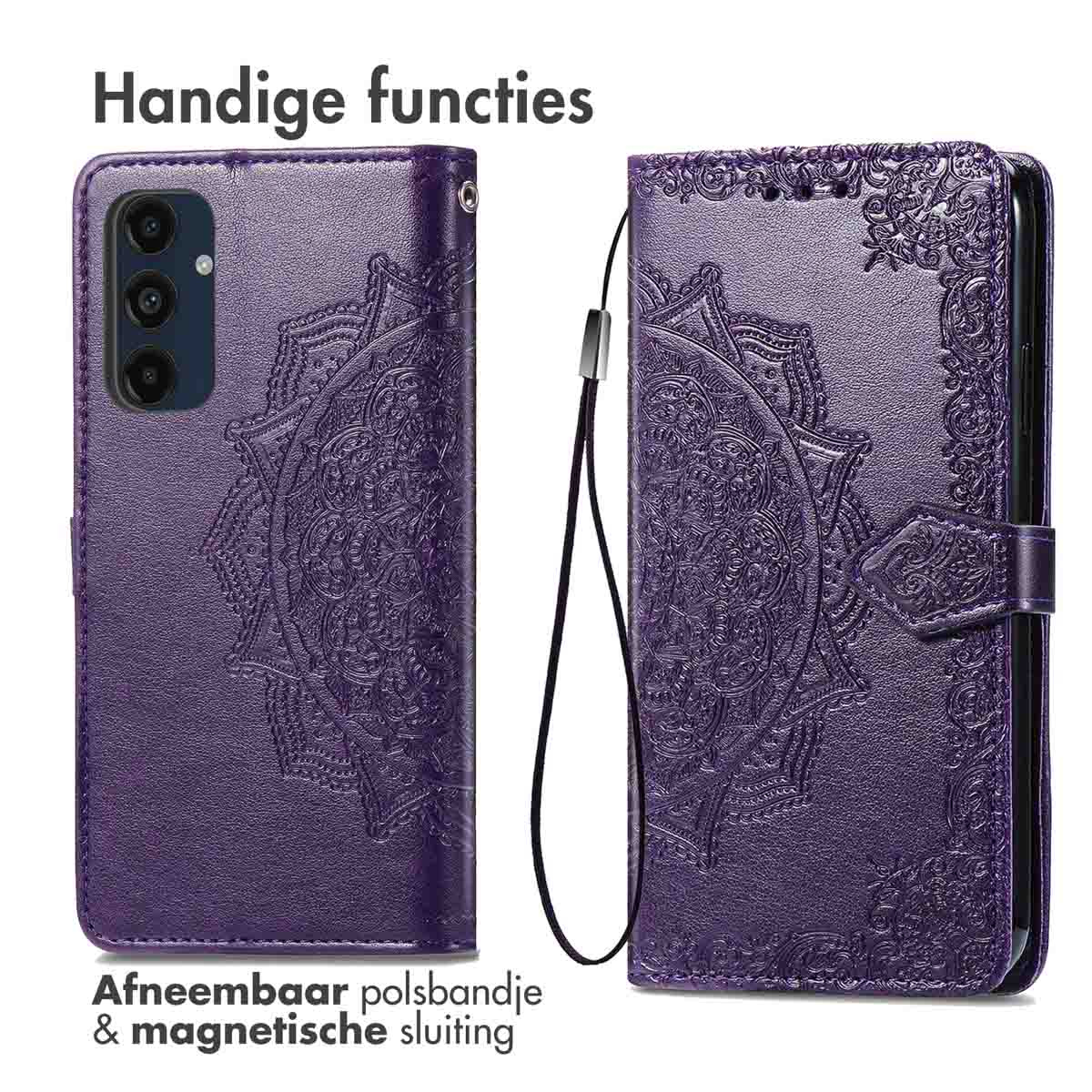 Coque de téléphone violette avec lanière et fermeture magnétique. Design orné.