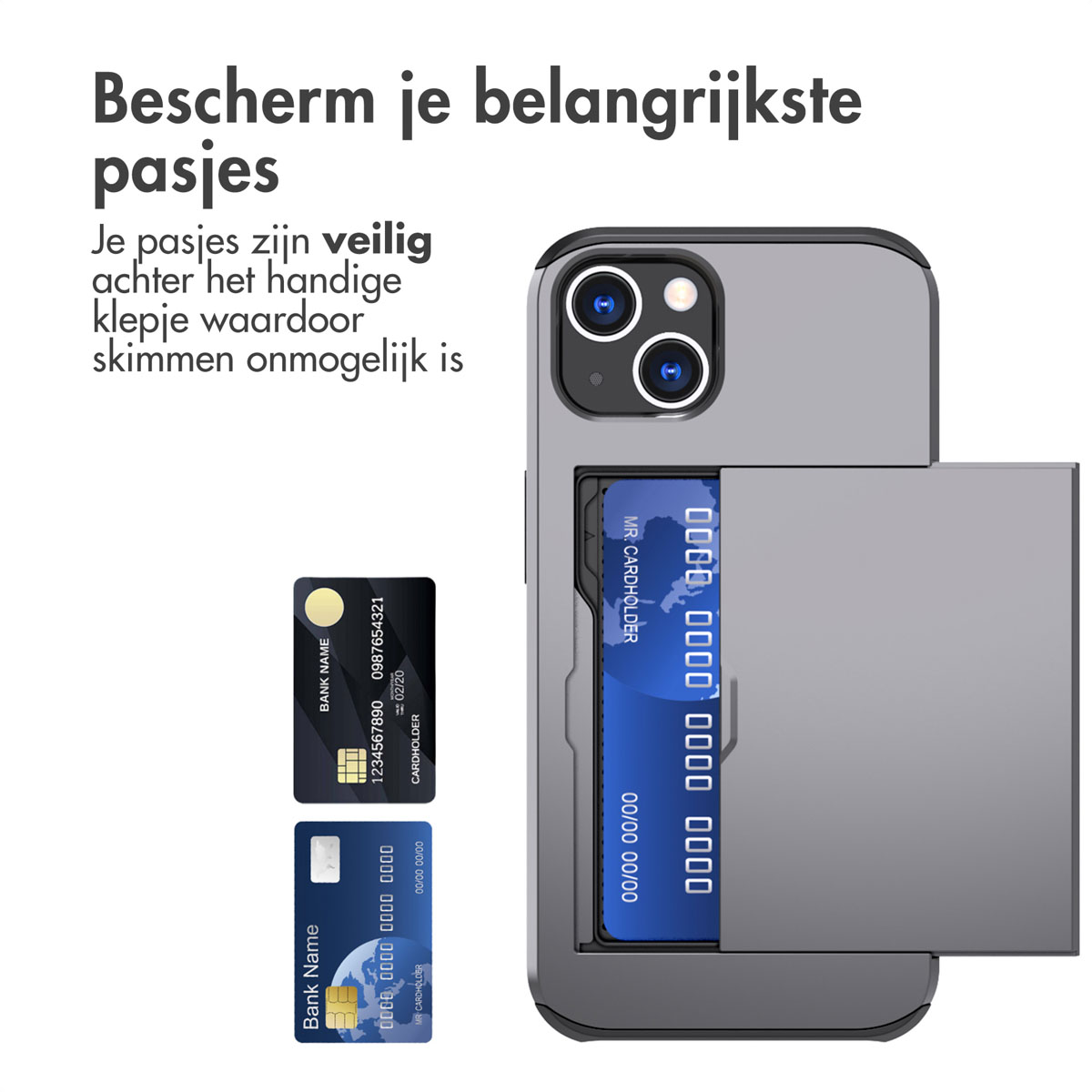 Telefoonhoesje met kaartsleuf, drie kaarten en telefoon. Tekst: beschermt uw belangrijkste kaarten.