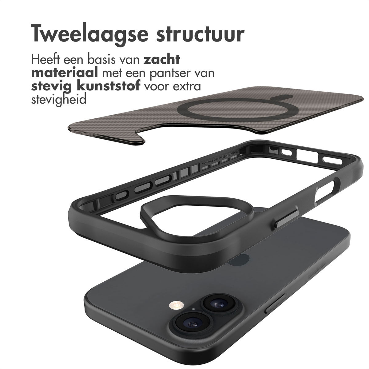 Telefoonhoescomponenten: een basislaag, een middenlaag en een toplaag met een cirkelpatroon. De telefoon is zwart.