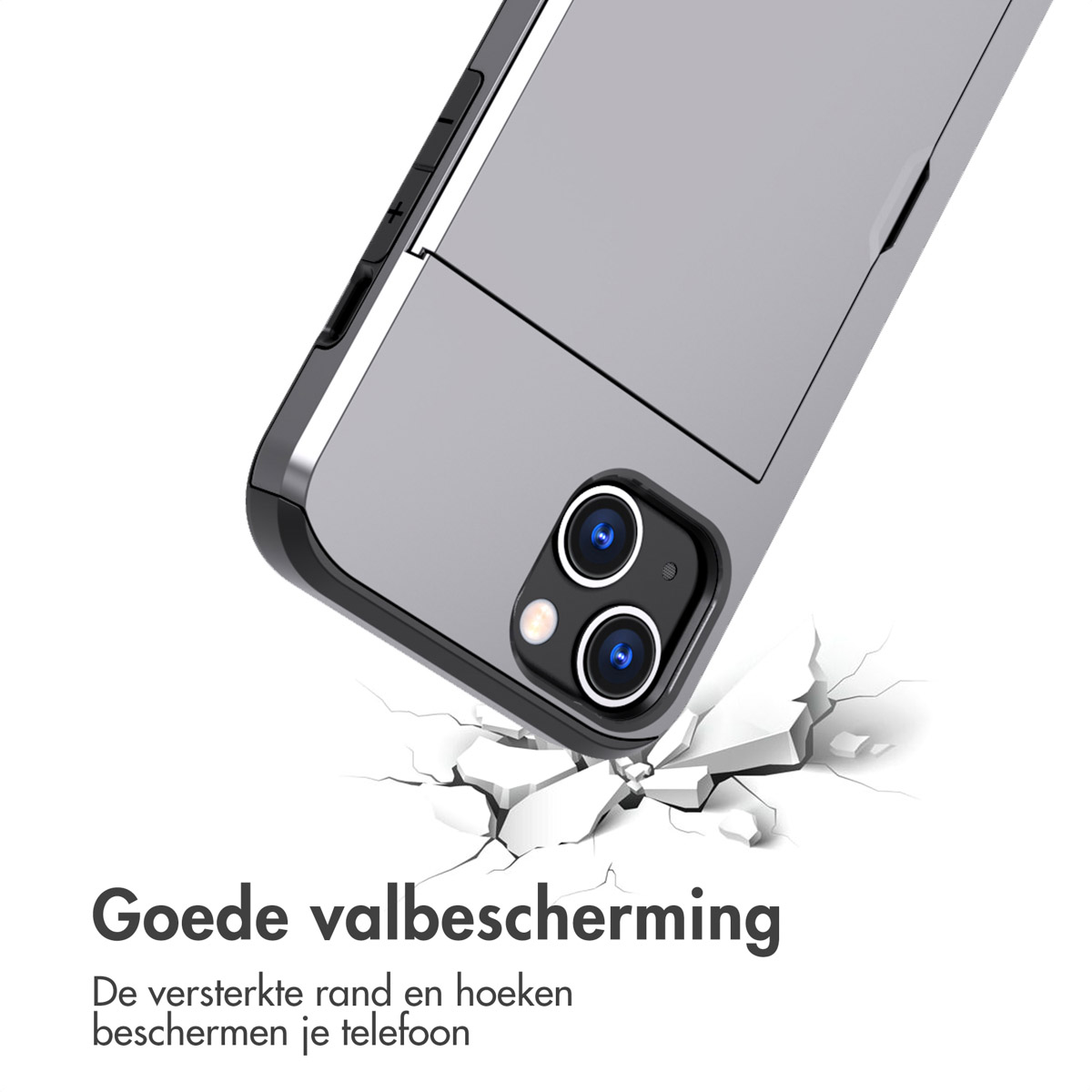 Grijze telefoonhoes, gebarsten grond, tekst. Versterkte randen beschermen de telefoon.