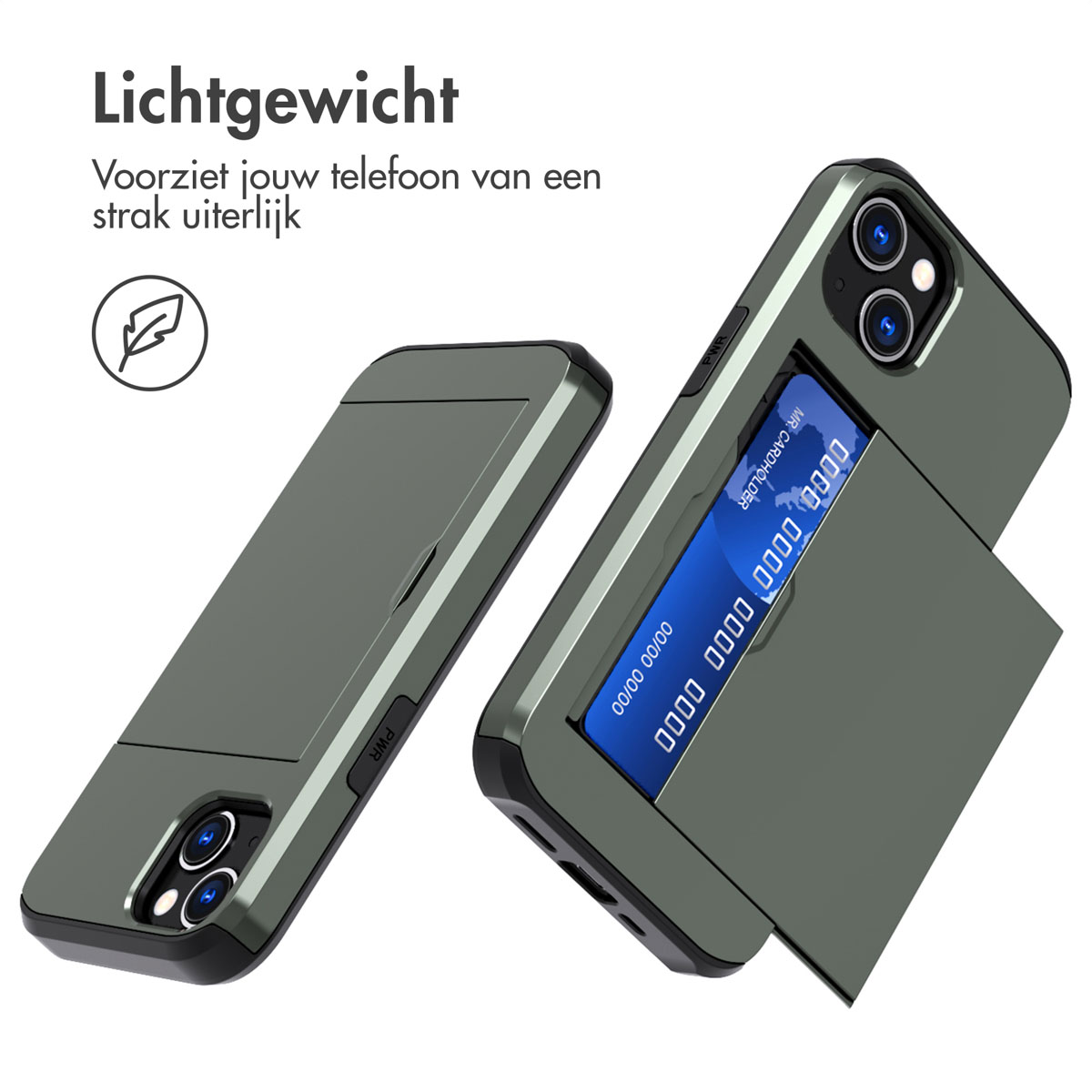 Telefoonhoesje met een creditcardvakje. Kleur: groen. Details: telefoon, hoes, groen, kaart, gleuf.