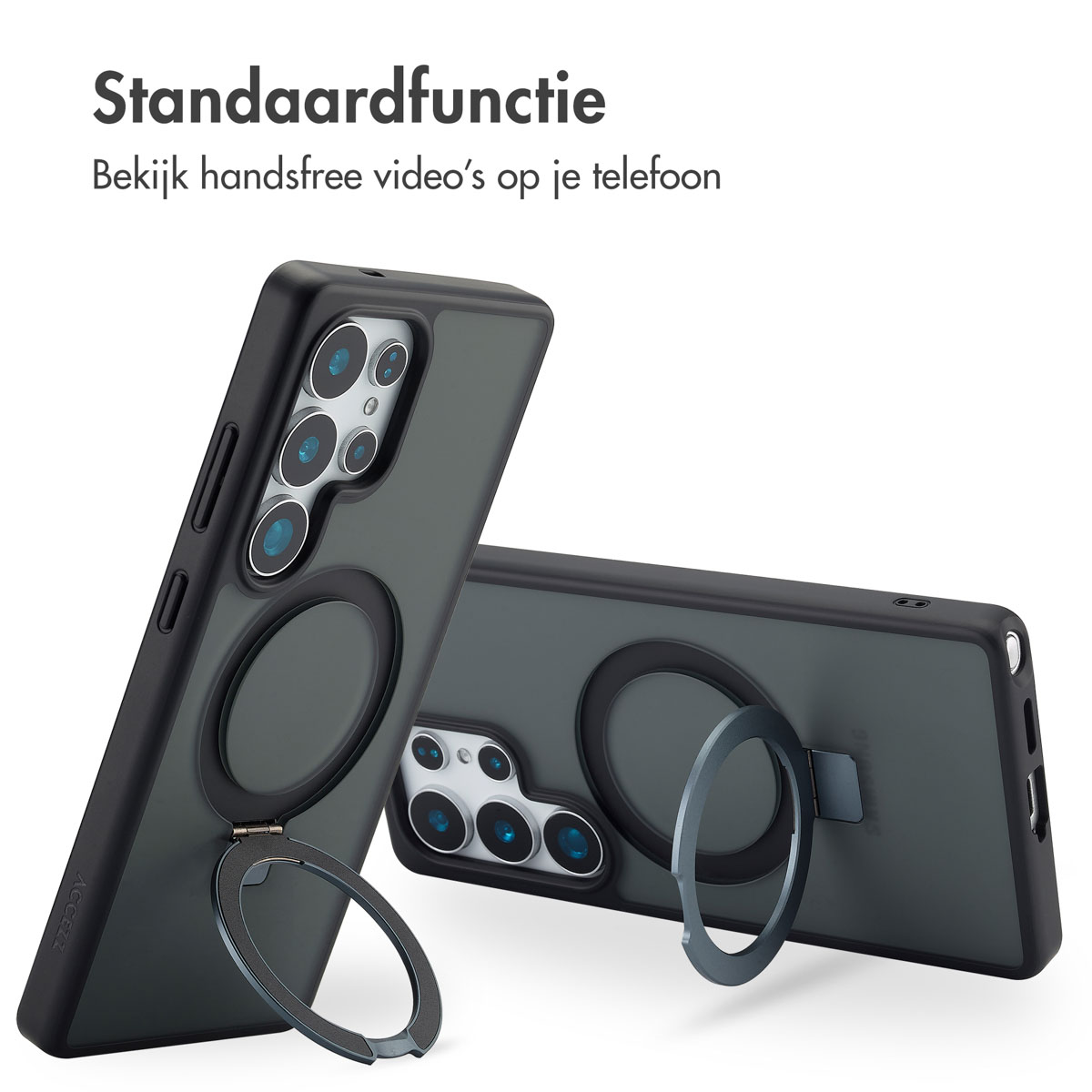 Deux téléphones avec des supports en anneau, étuis noirs sur fond blanc.