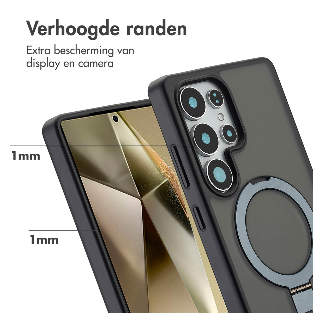Coque de téléphone avec anneau de support et bords surélevés. Noir et gris.